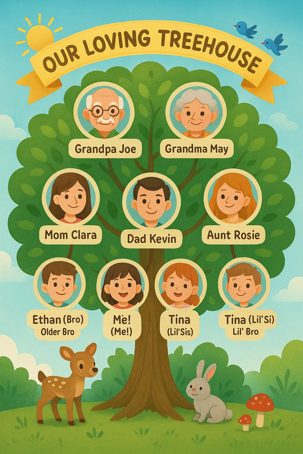 Colorful Family Tree Poster template with cartoon tree and kids