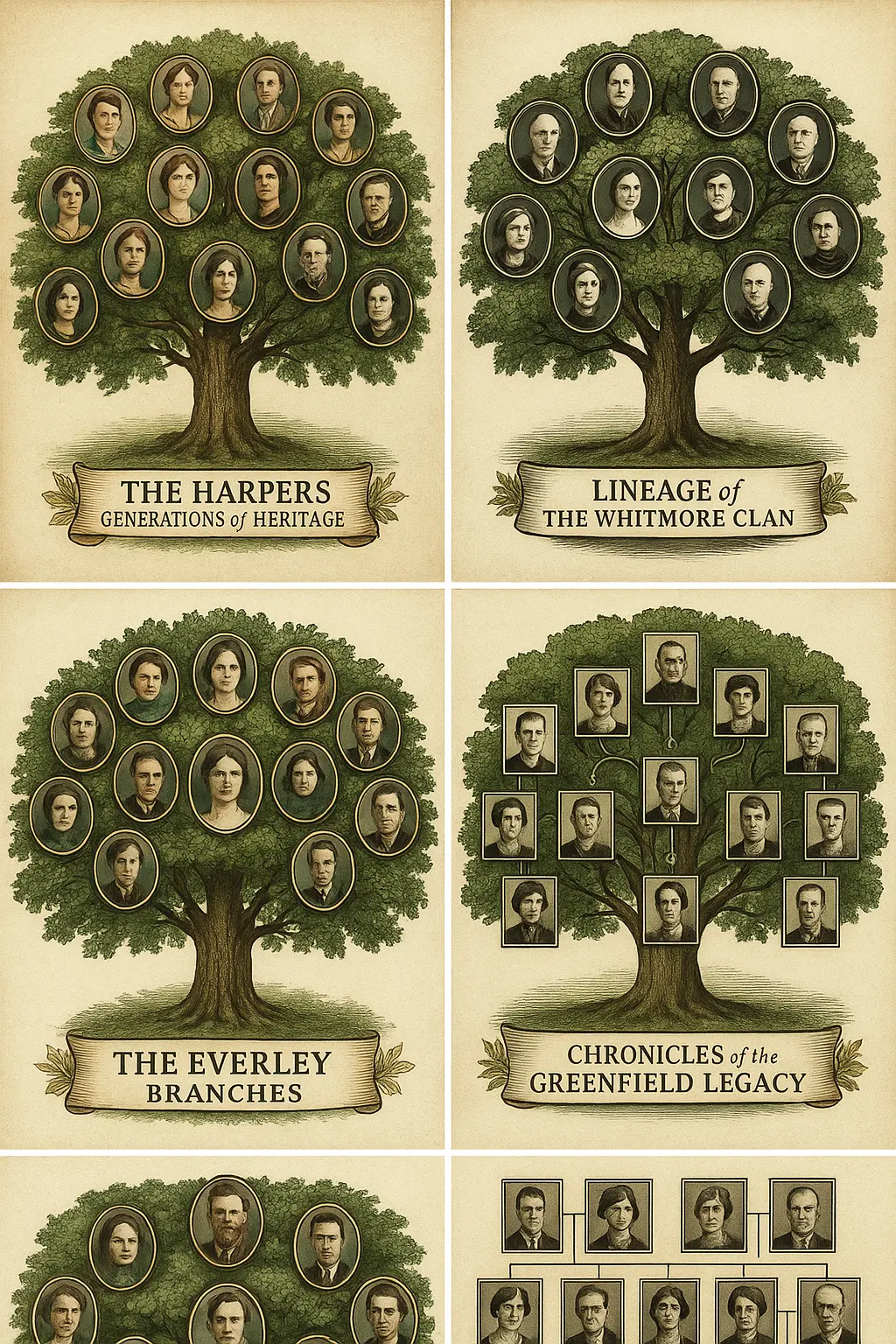 Hand-drawn Family Tree Poster template with vintage-style trees and portraits
