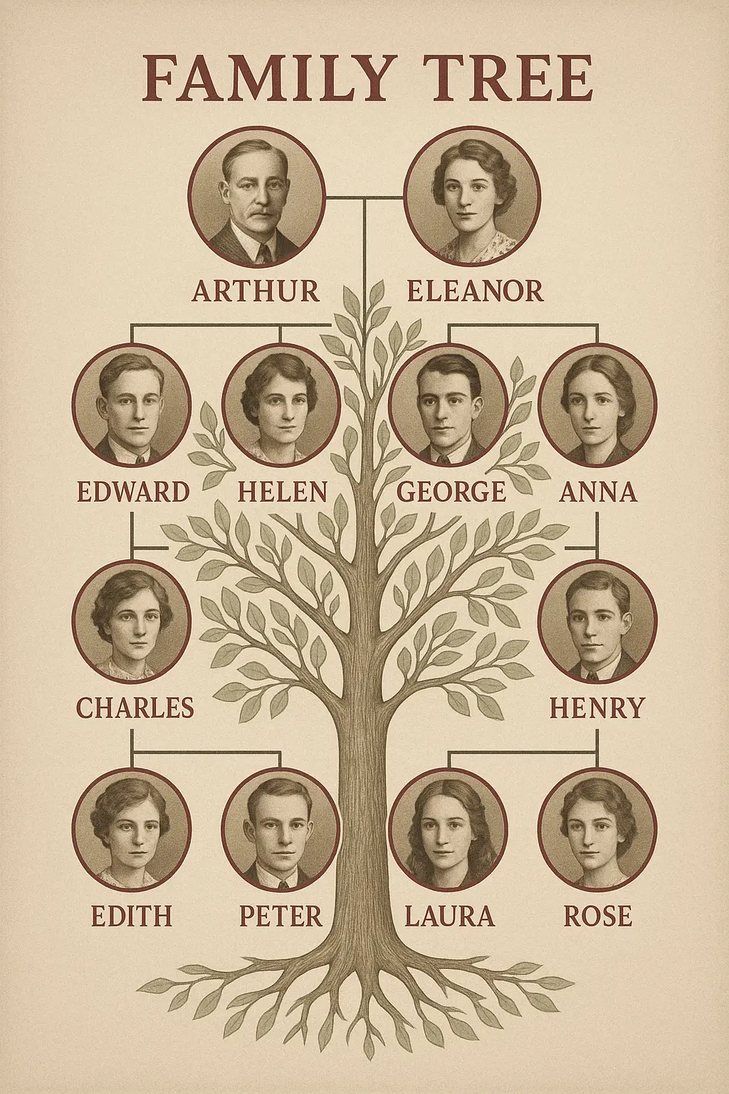Family Tree Poster template with elegant vintage illustration style