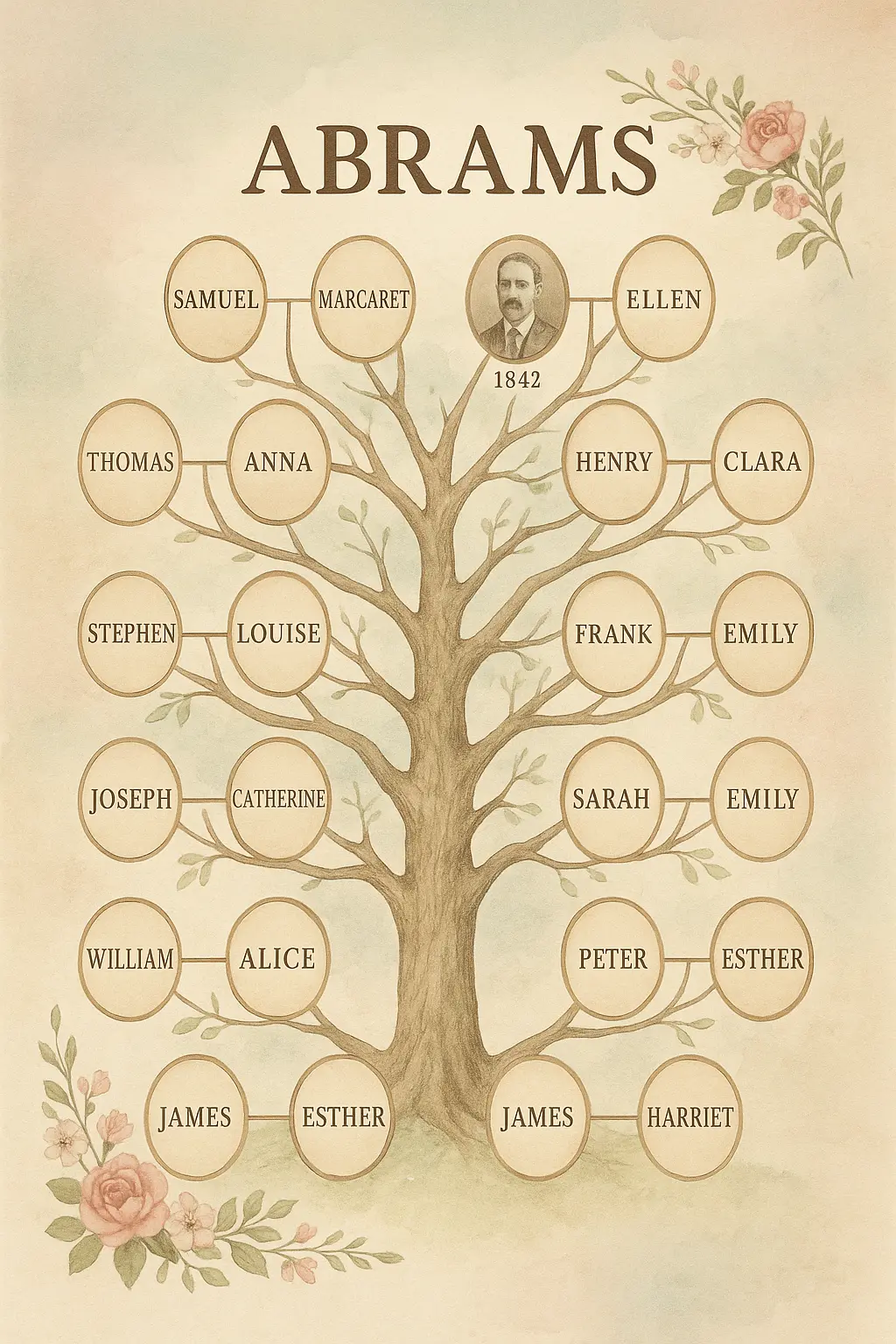 Family Tree Poster template with vintage illustration style and branching diagram