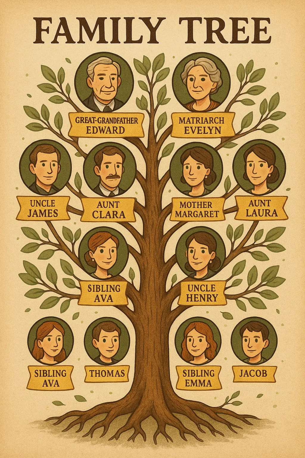 Whimsical Family Tree Poster template with cartoon portraits
