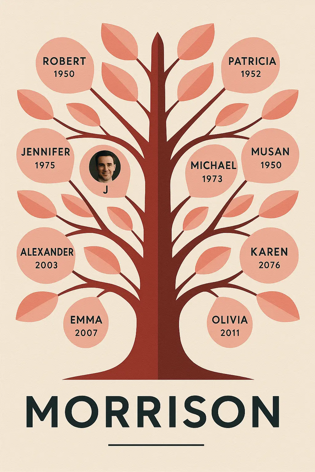 Family Tree Poster template with geometric design, red tree, and pink leaves.