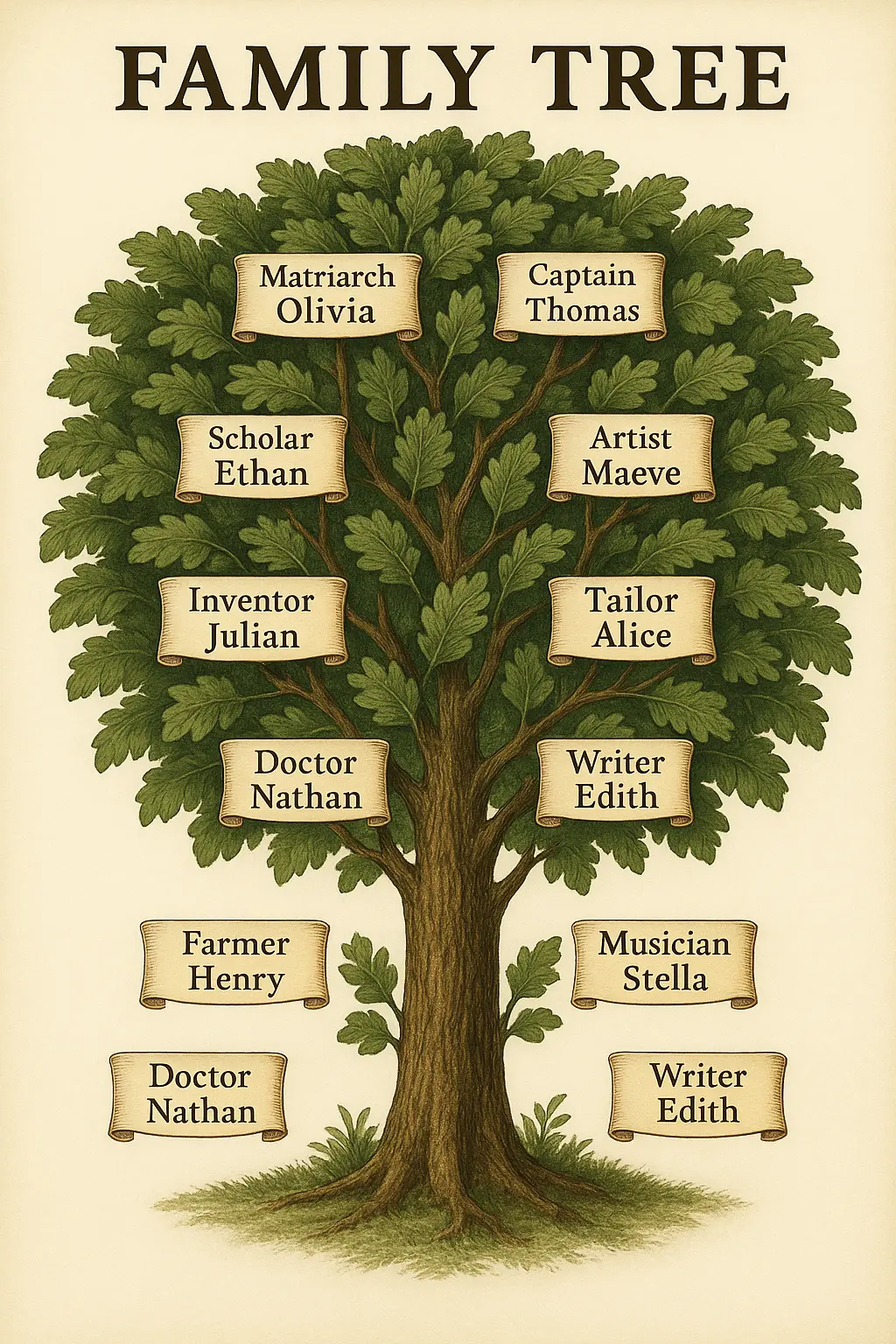 Vintage Family Tree Poster template with labeled nameplates on branches