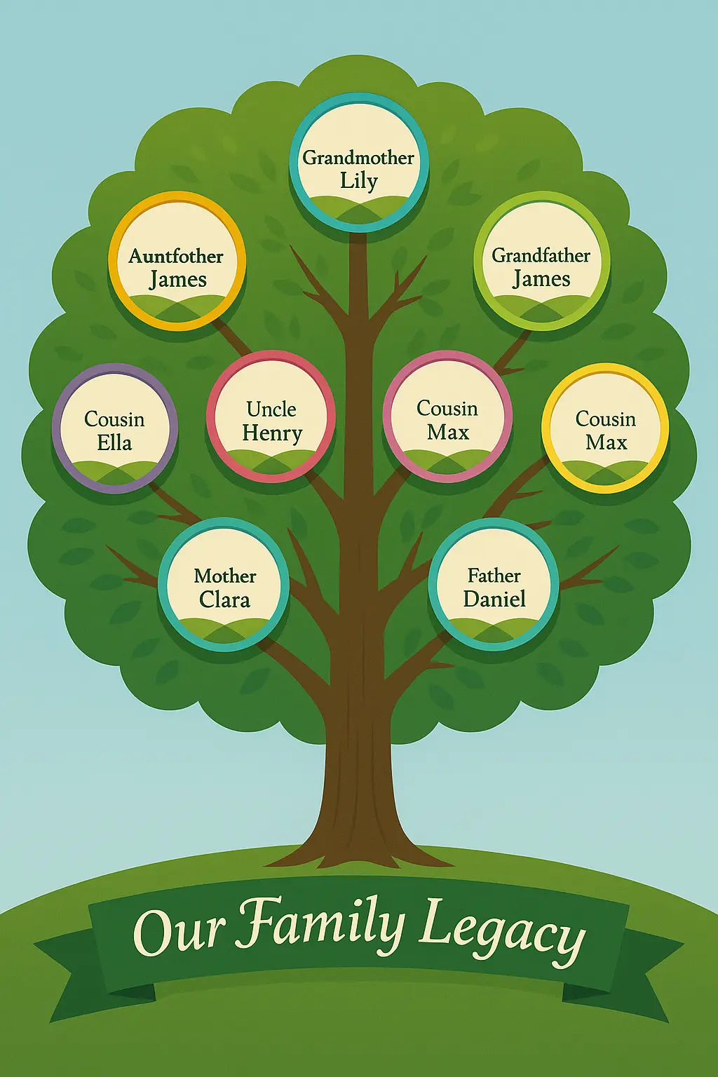 Colorful Family Tree Poster template with names in photo circles