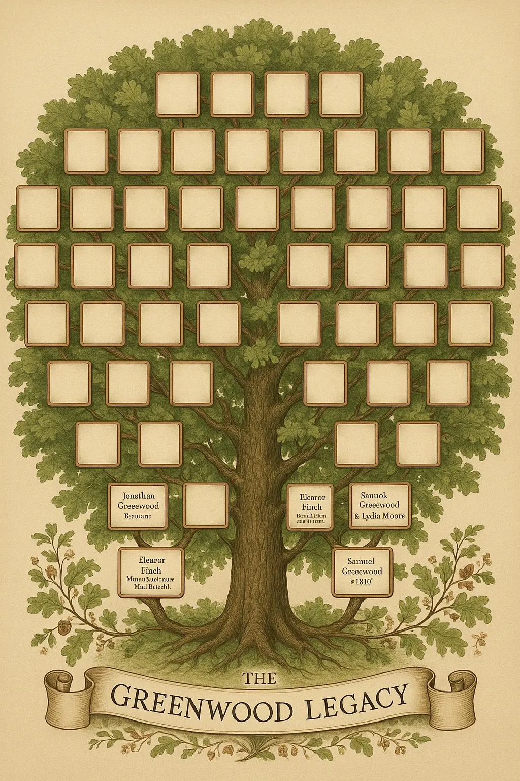 Vintage Family Tree Poster template with oak tree and scrolls