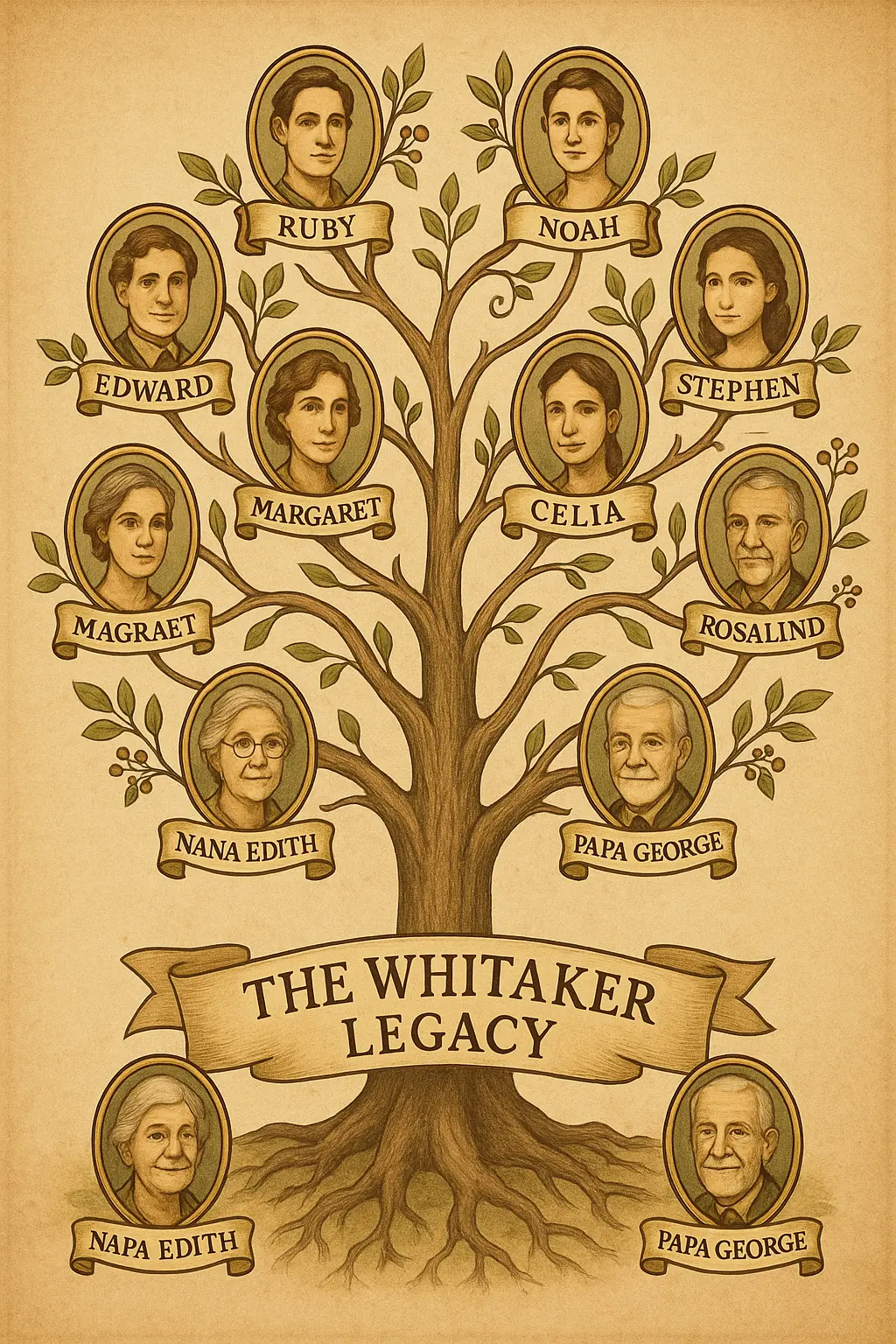Vintage Family Tree Poster template with branching portraits