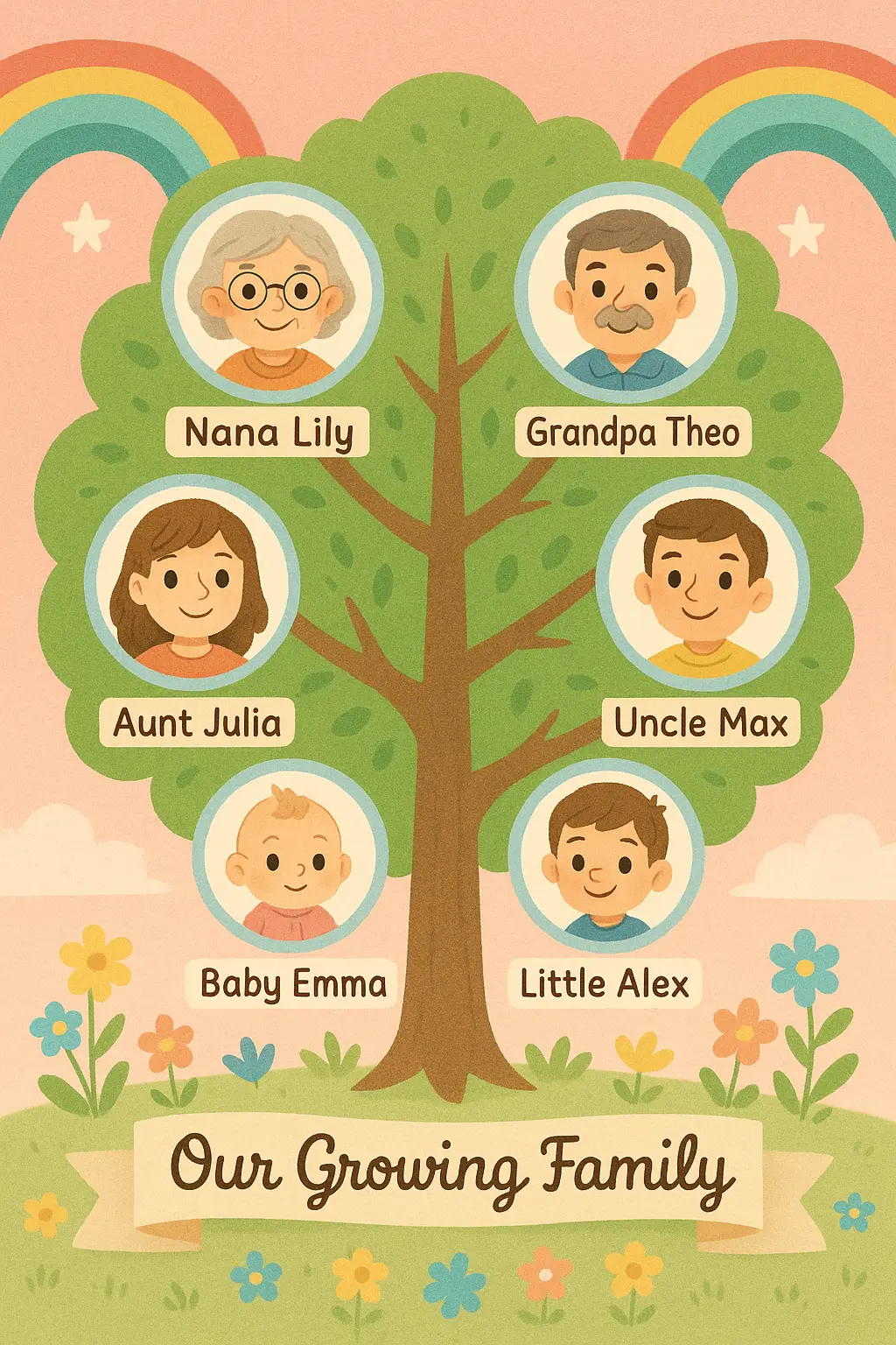 Whimsical Family Tree Poster template with pastel colors and photos