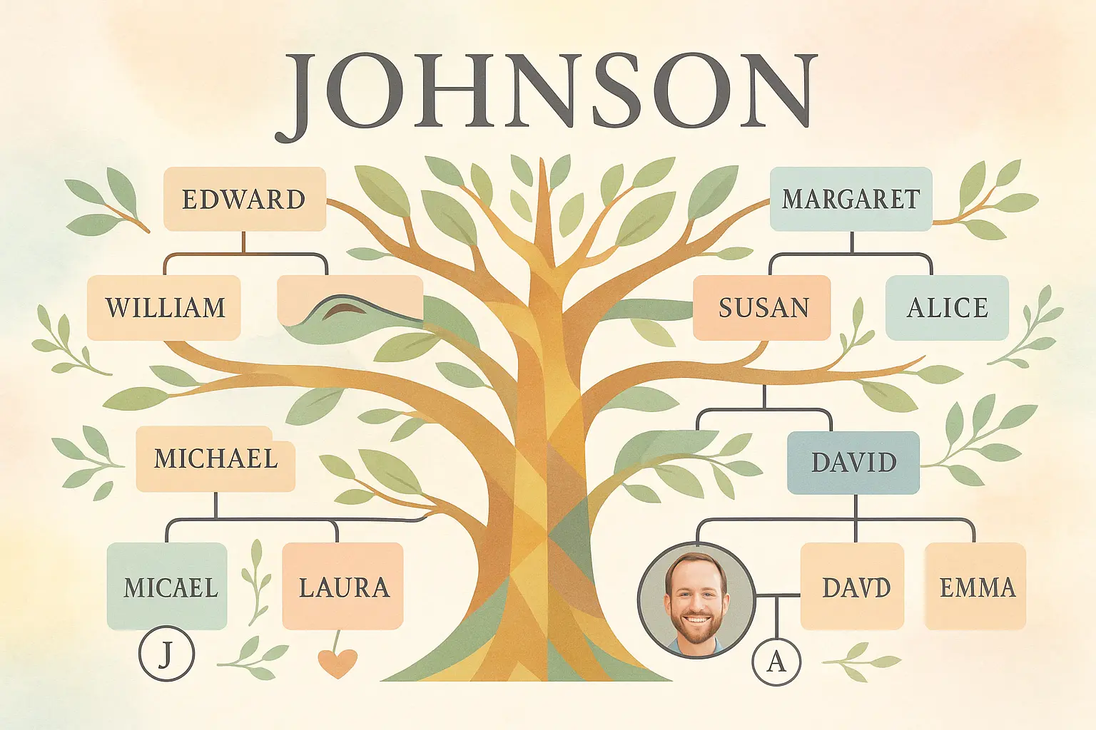 Vintage Family Tree Poster template with eight framed portraits