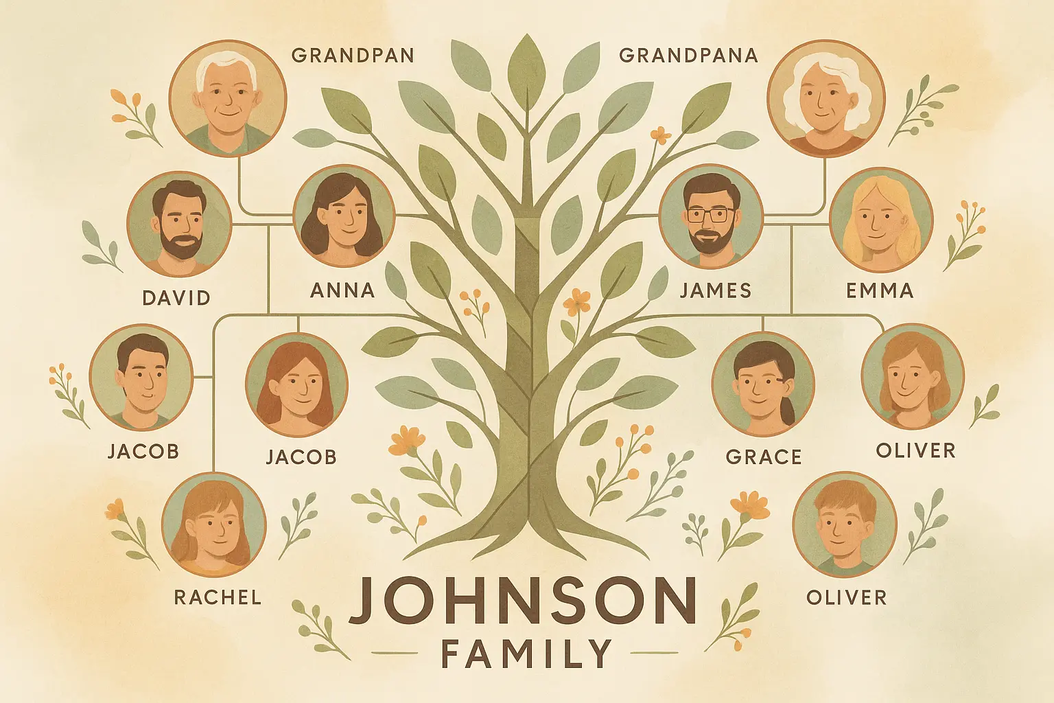 Whimsical Family Tree Poster template with teal name circles