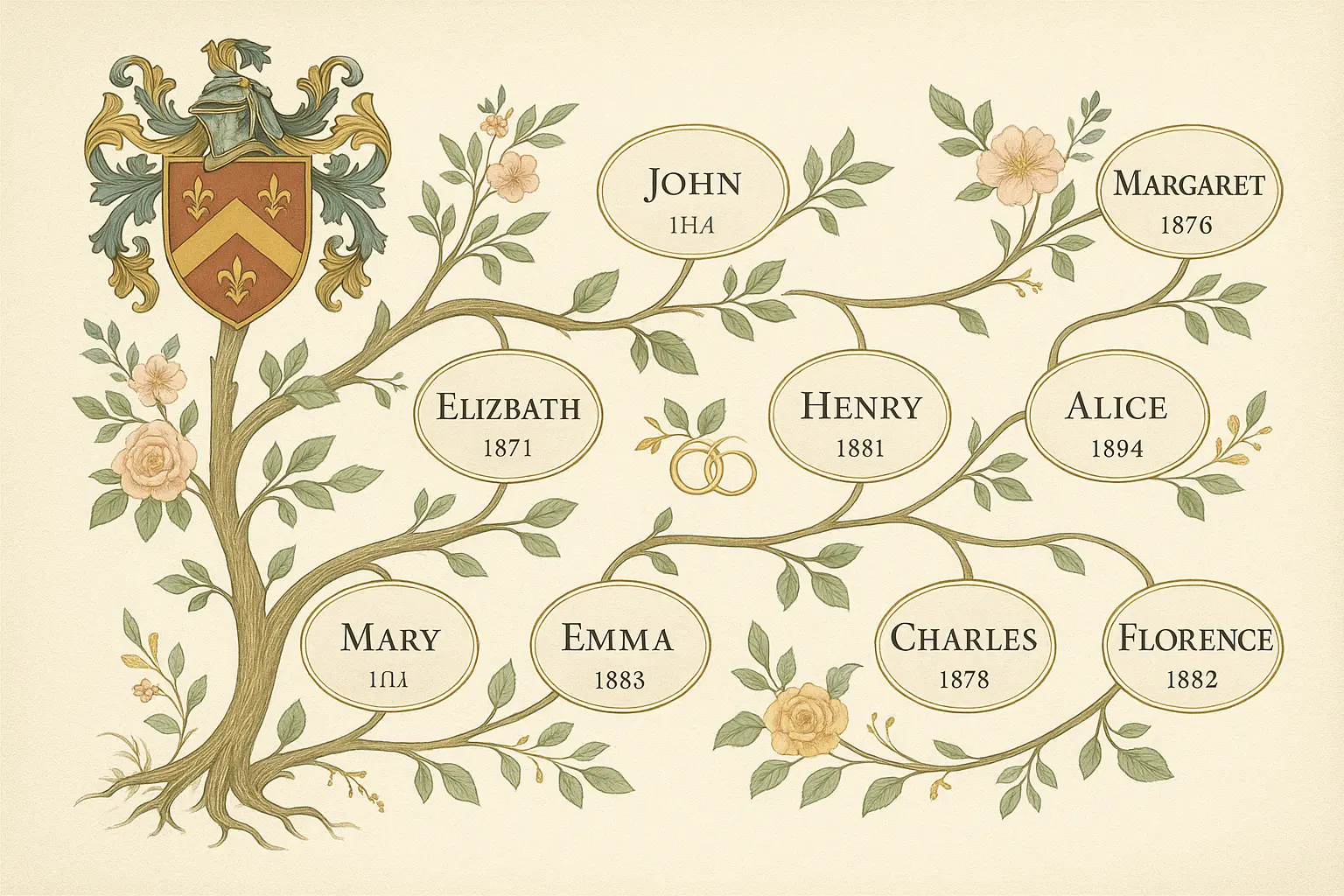 Vintage Family Tree Poster template with branching generations and oval photo frames