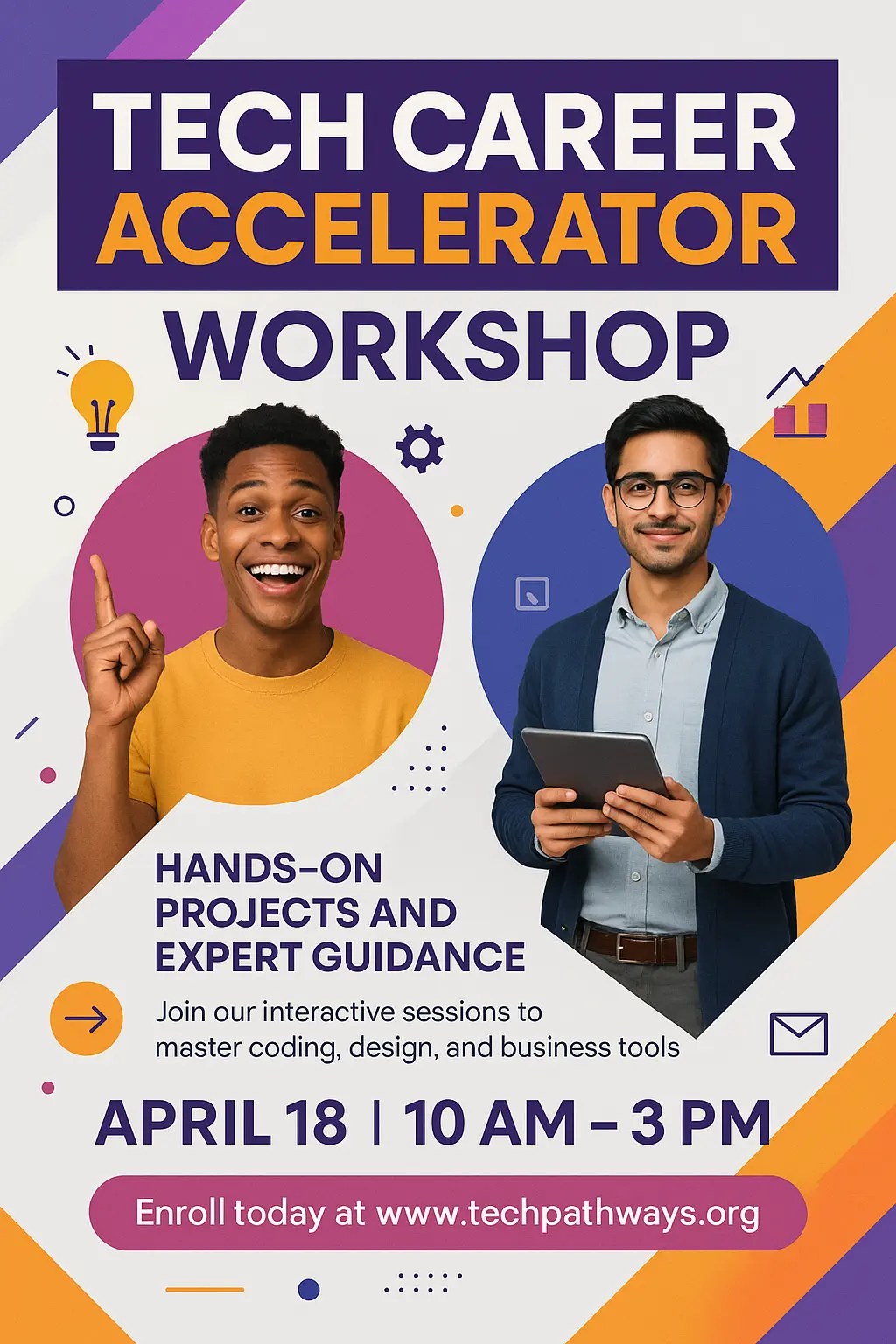 Informational Poster template for tech career workshop with vibrant layout