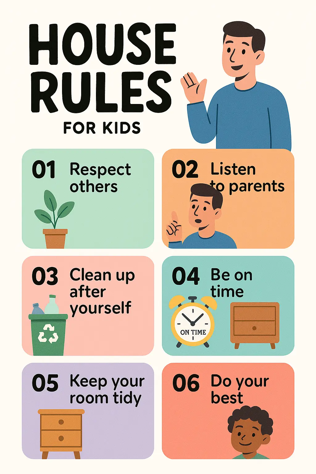 Colorful Informational Poster template with illustrated home rules