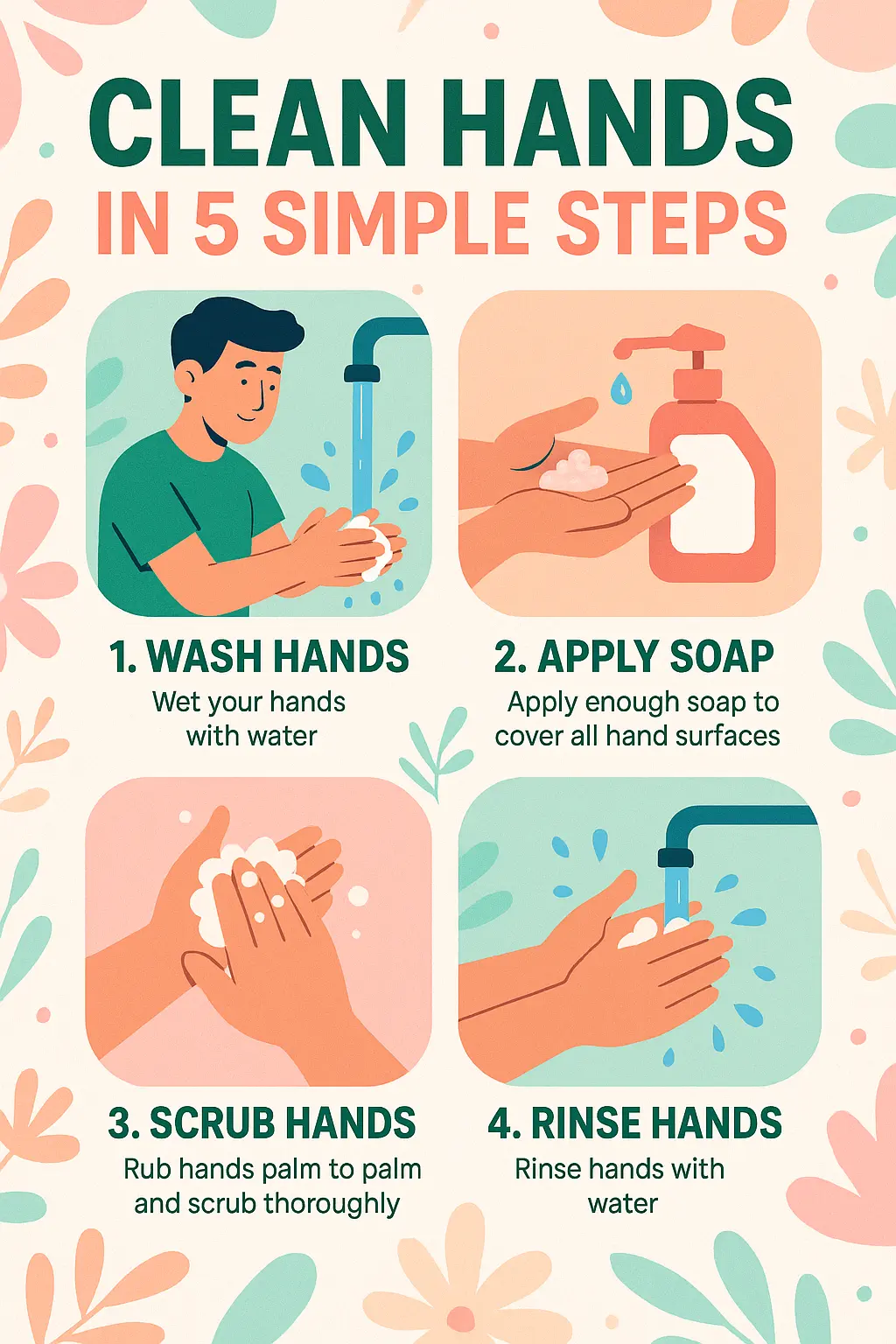 Informational Poster template showing 5 steps for handwashing hygiene