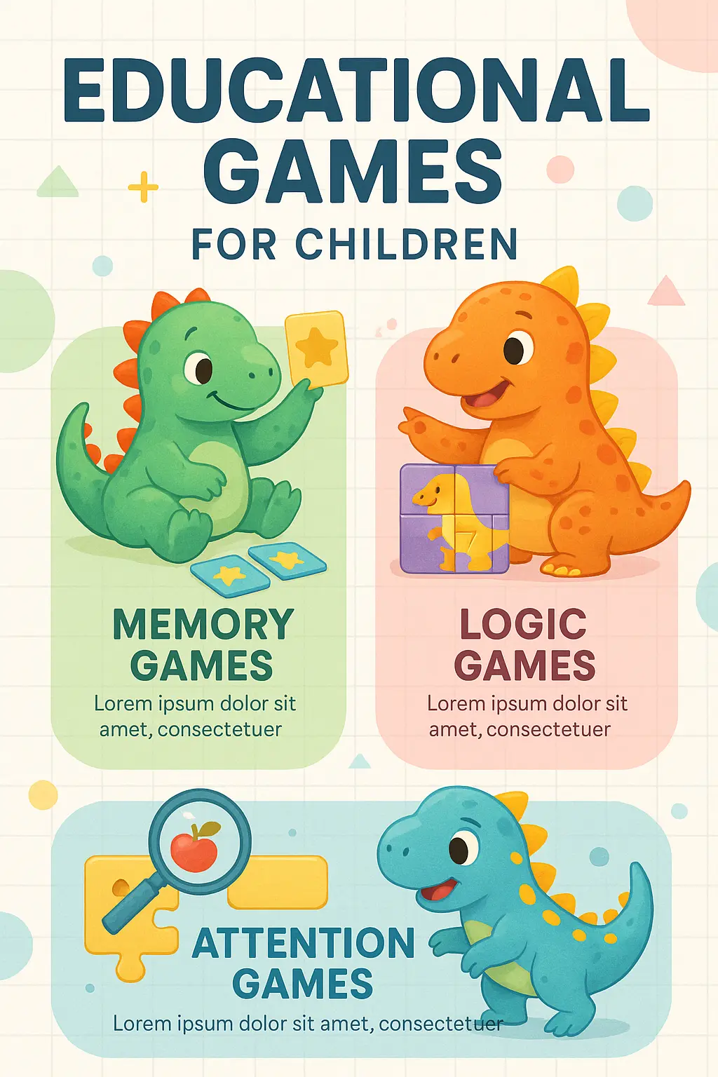 Informational Poster template with playful dinosaur illustrations for children's educational games