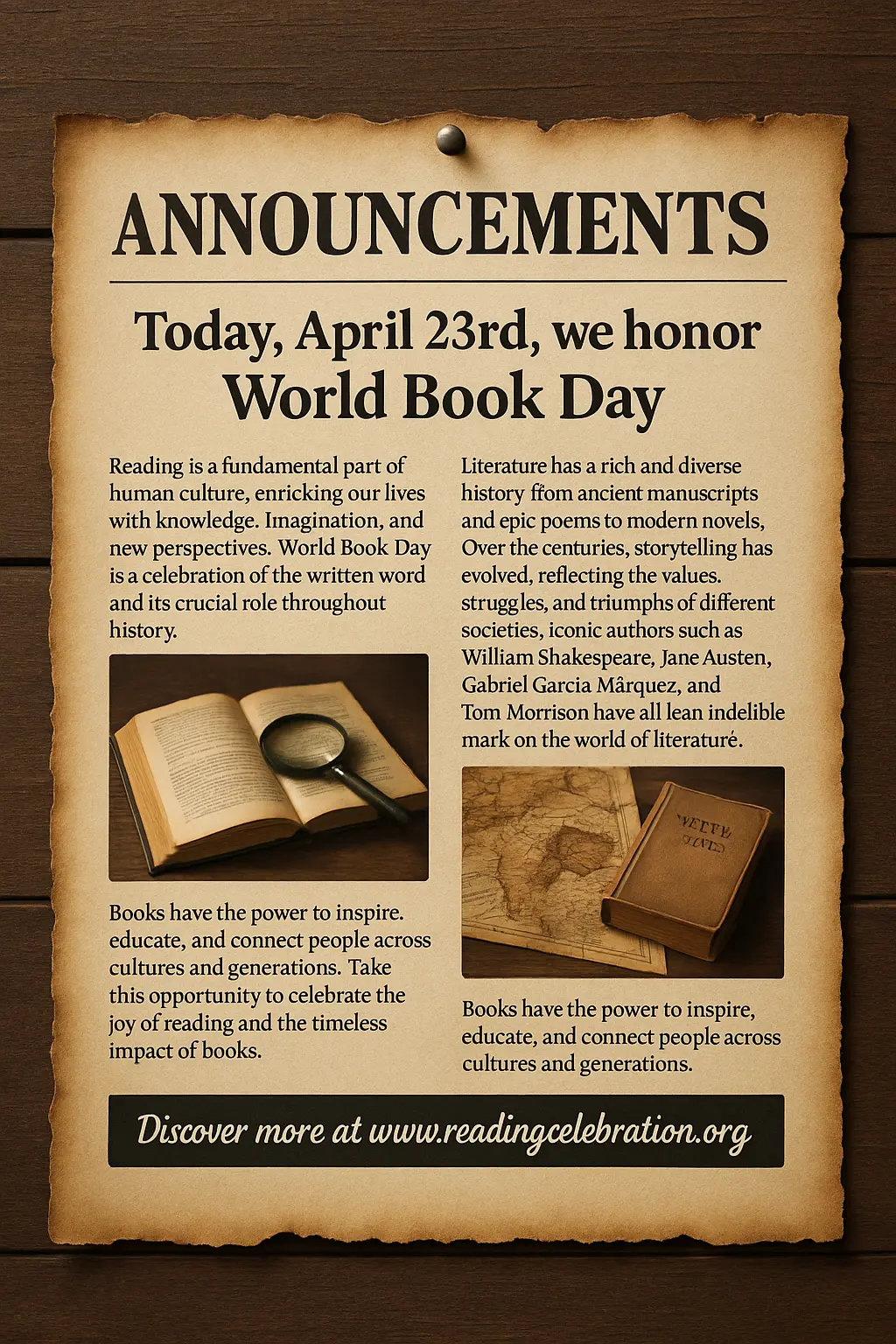Informational Poster template celebrating World Book Day on parchment background
