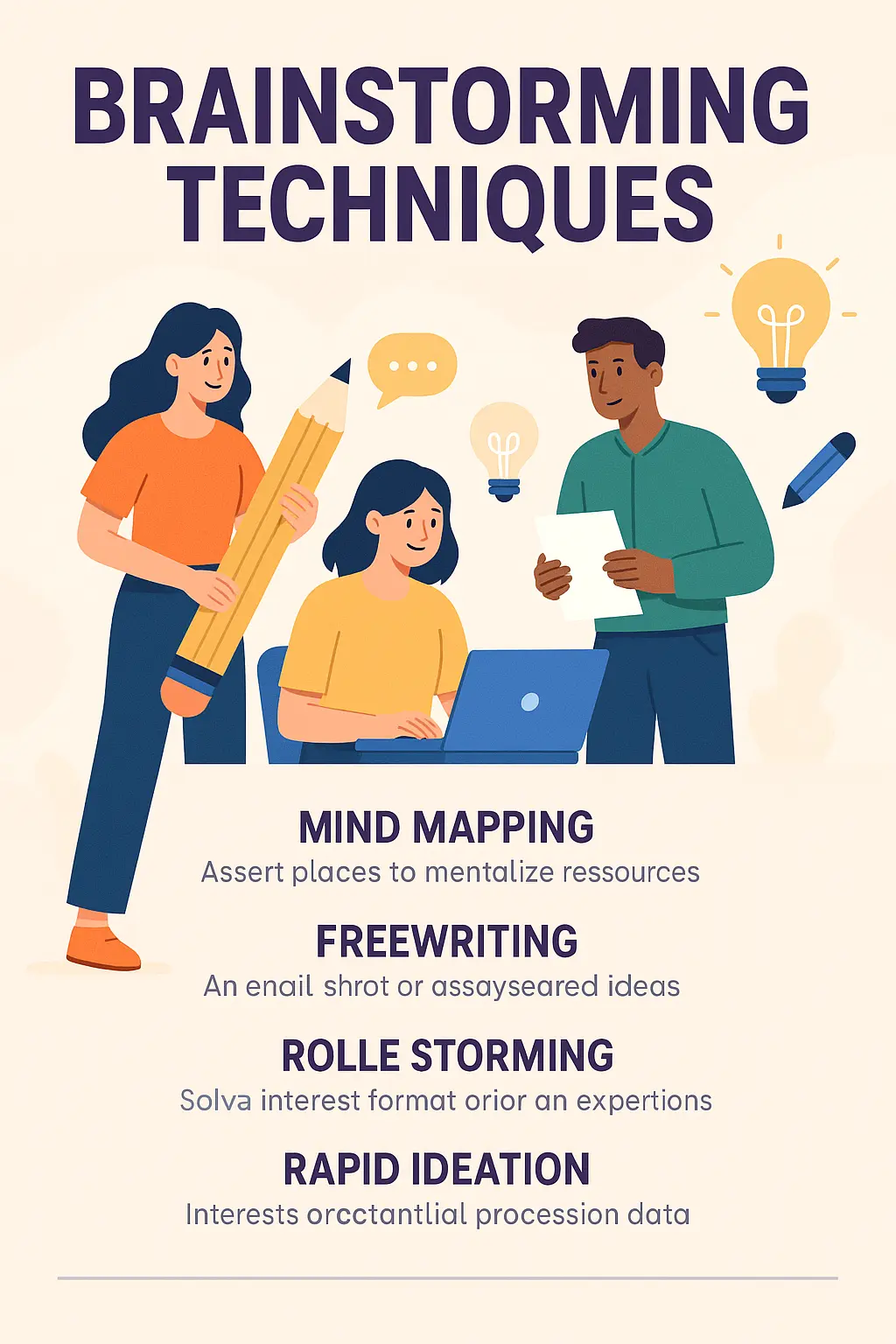 Brainstorming techniques Informational Poster template with friendly characters.