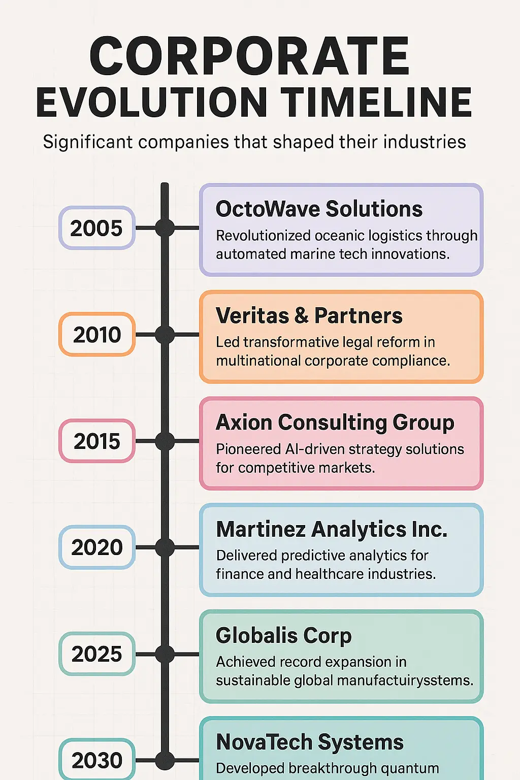 Color-coded Informational Poster template with company timeline