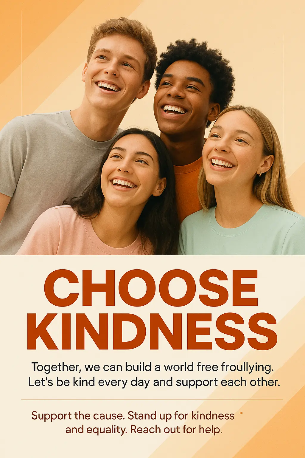 Informational Poster template promoting kindness and anti-bullying with diverse group of smiling young people