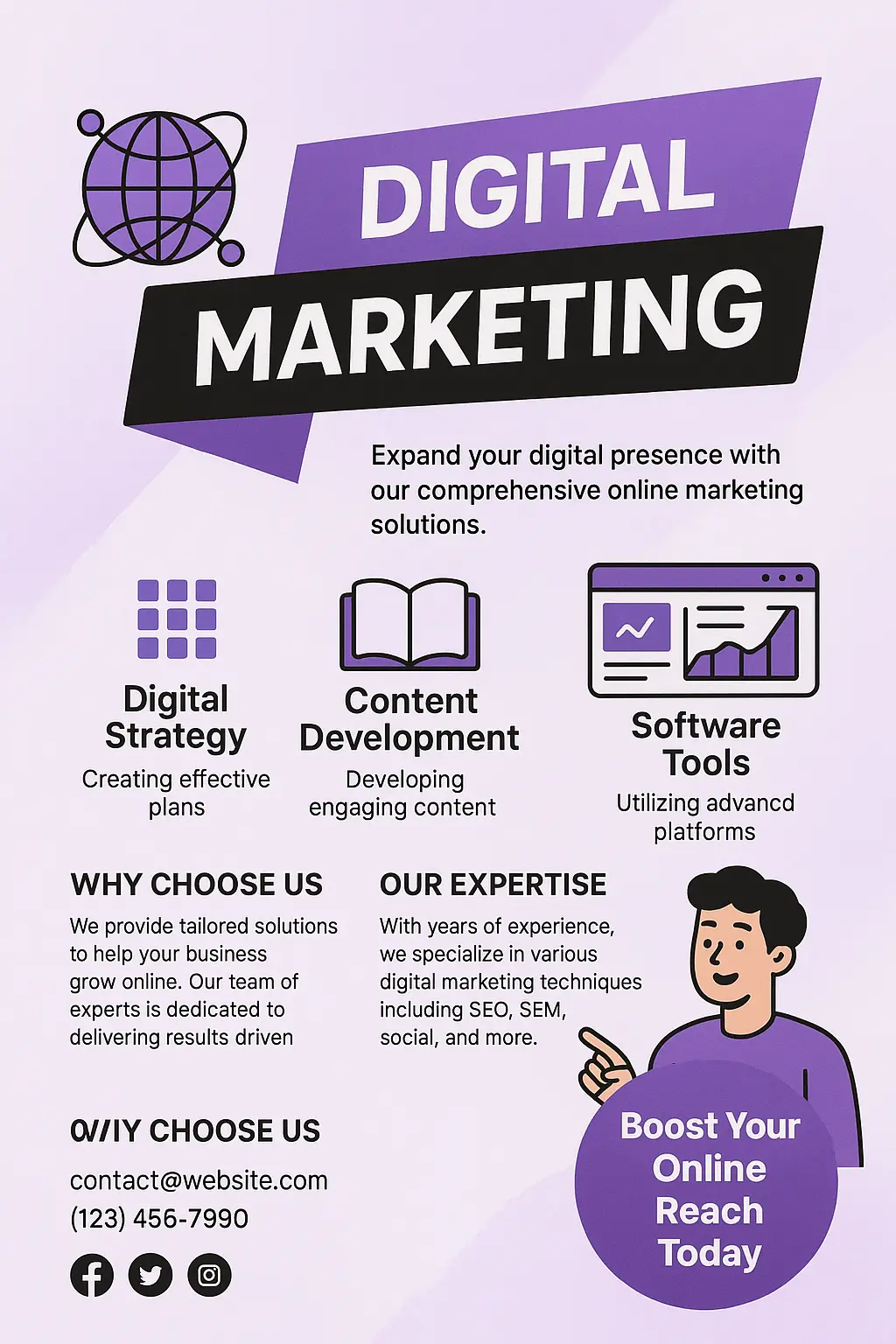 Informational Poster template with digital marketing theme in purple