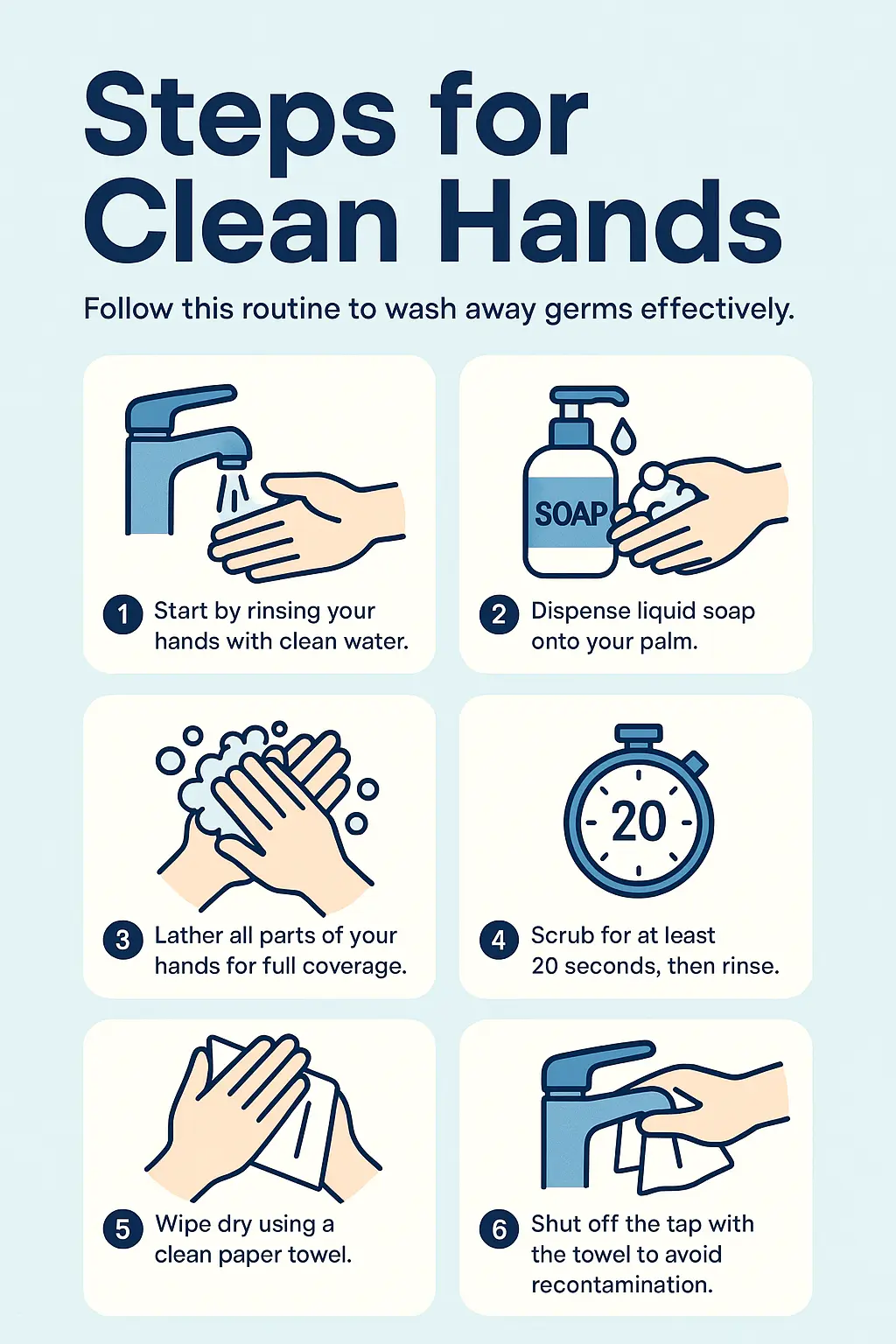 Informational Poster template showing six illustrated handwashing steps