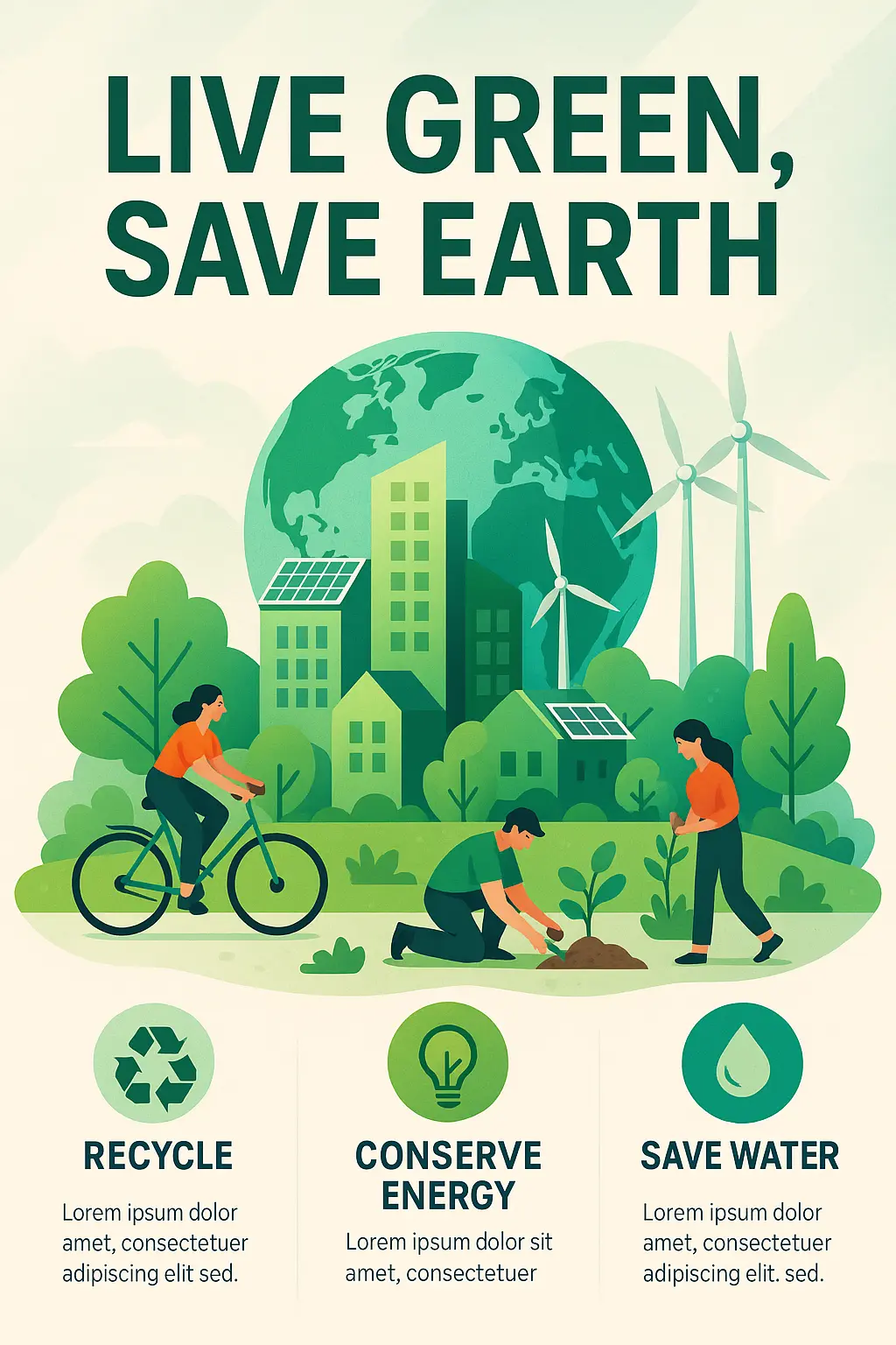 Sustainable living Informational Poster template with green city illustration