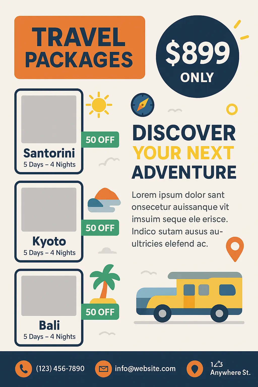 Colorful Informational Poster template for travel offers with price badge