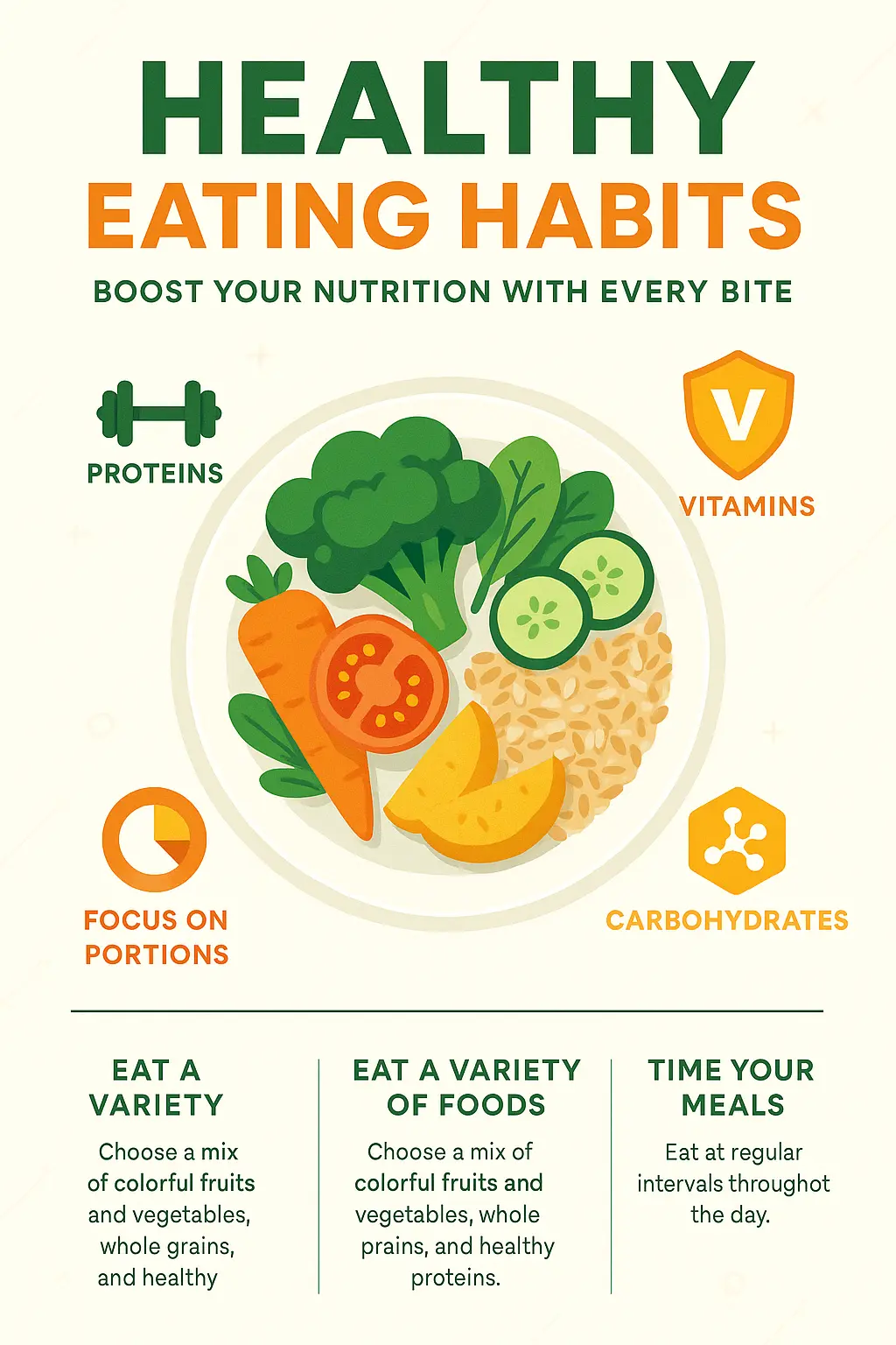 Healthy eating habits Informational Poster template with colorful food illustrations