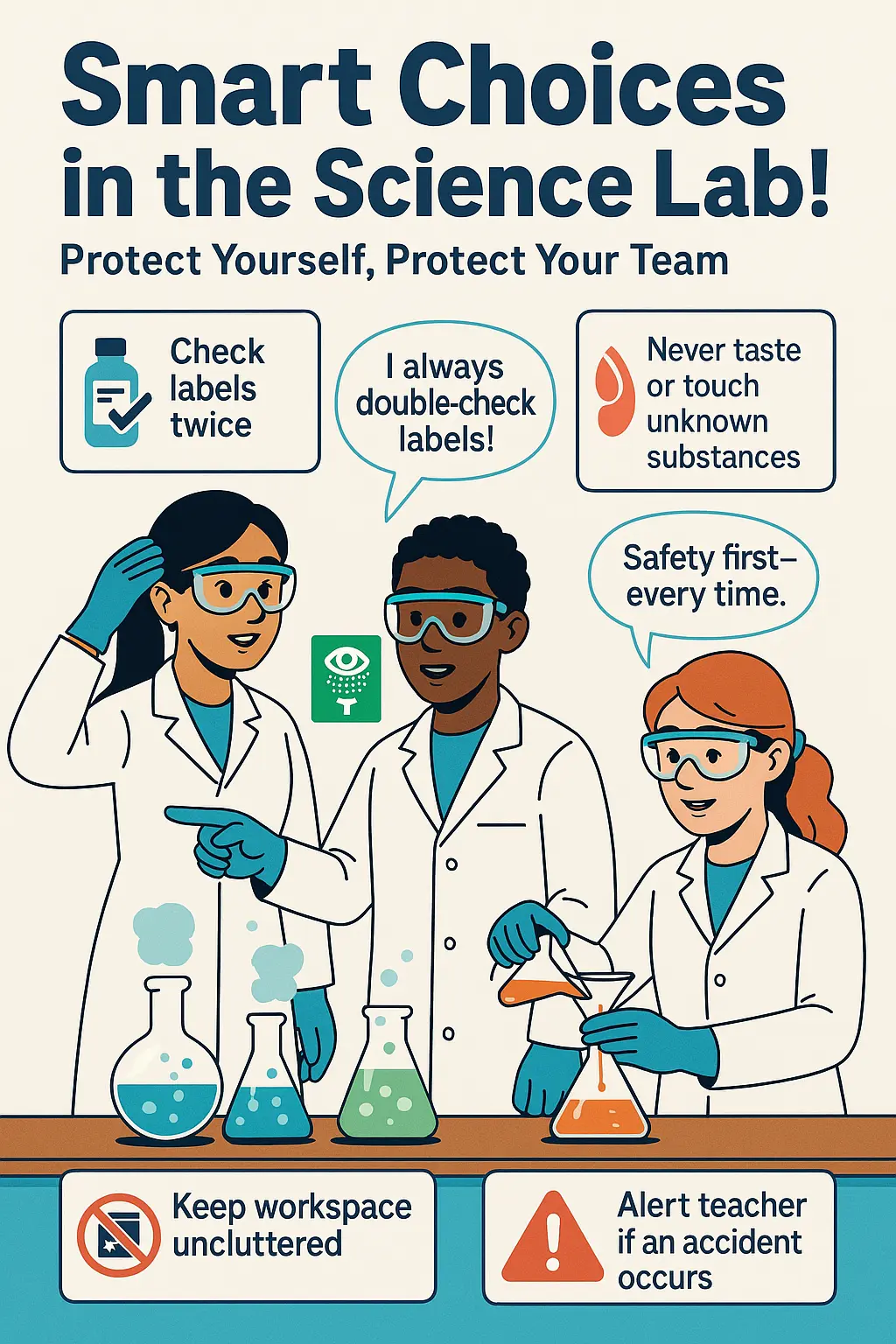 Bold Lab Safety Poster template with students using lab gear
