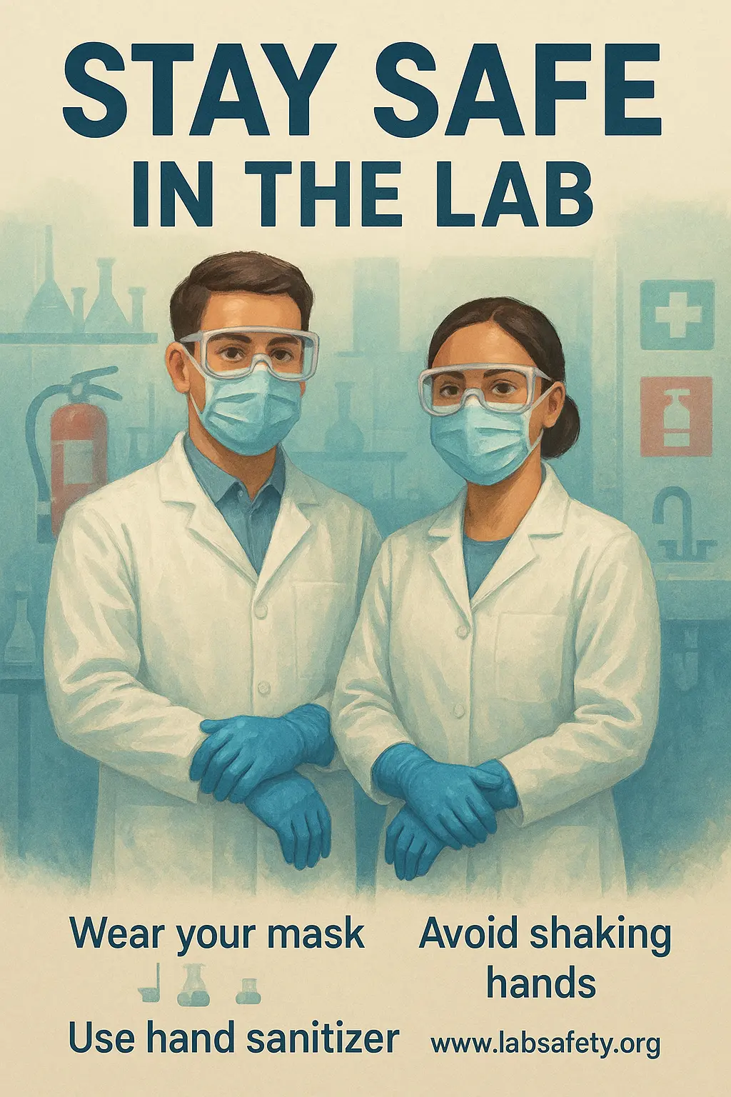 Lab Safety Poster template featuring lab professionals demonstrating safe practices