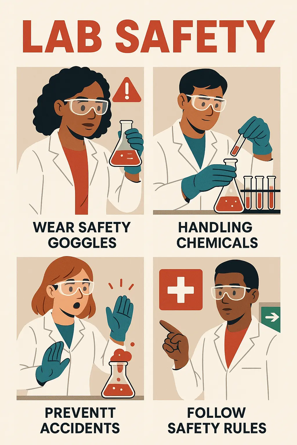 Lab Safety Poster template with diverse students demonstrating safe lab practices