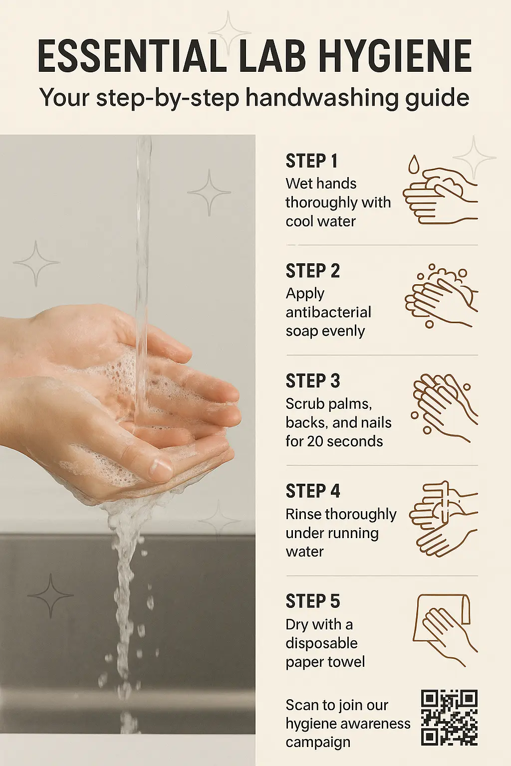 Lab Safety Poster template showing handwashing steps in clean layout