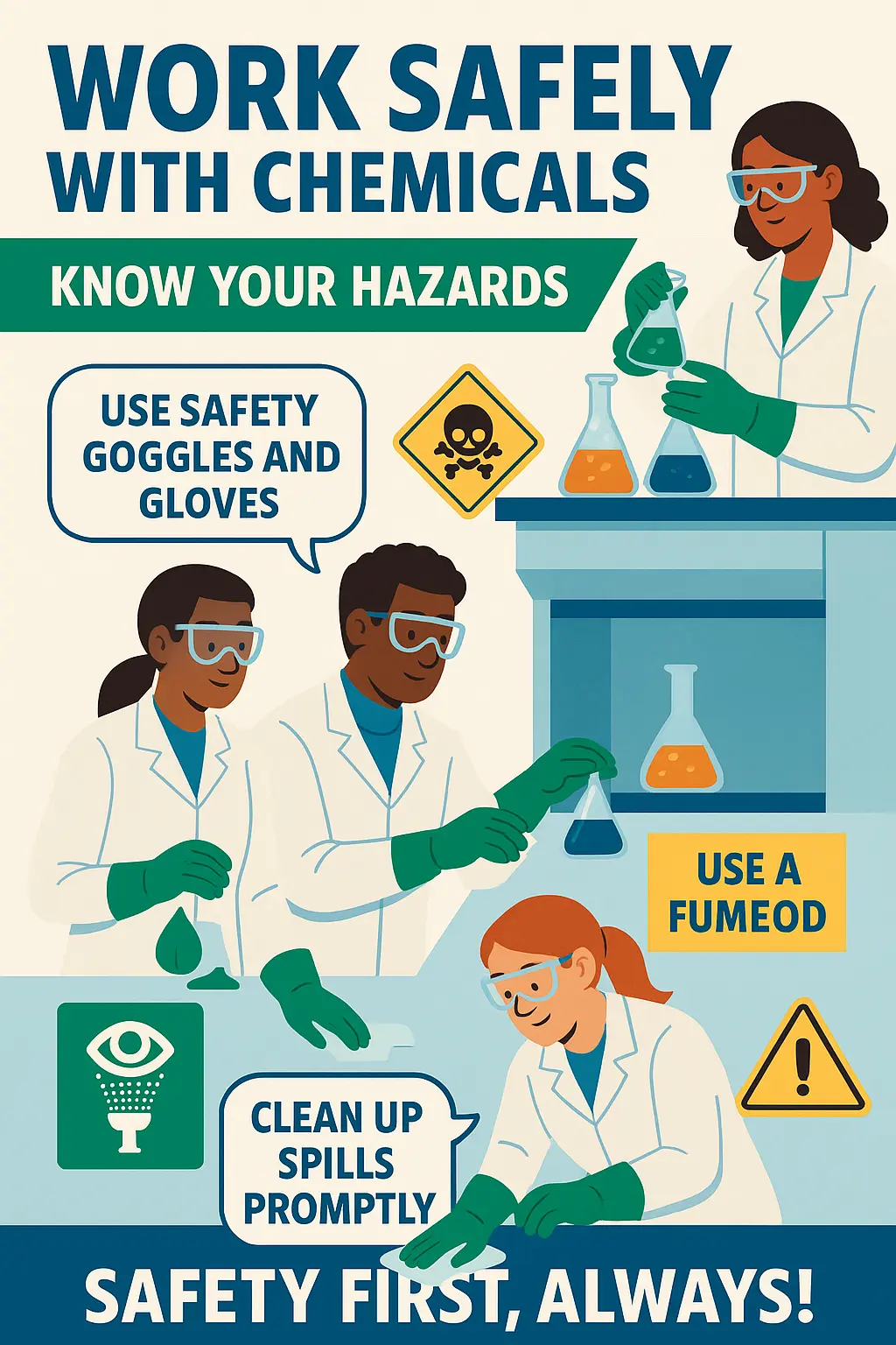 Lab Safety Poster template emphasizing safe chemical handling with diverse scientists