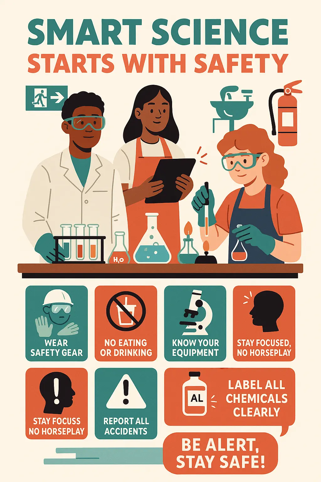 Bold vector Lab Safety Poster template with student cartoon figures