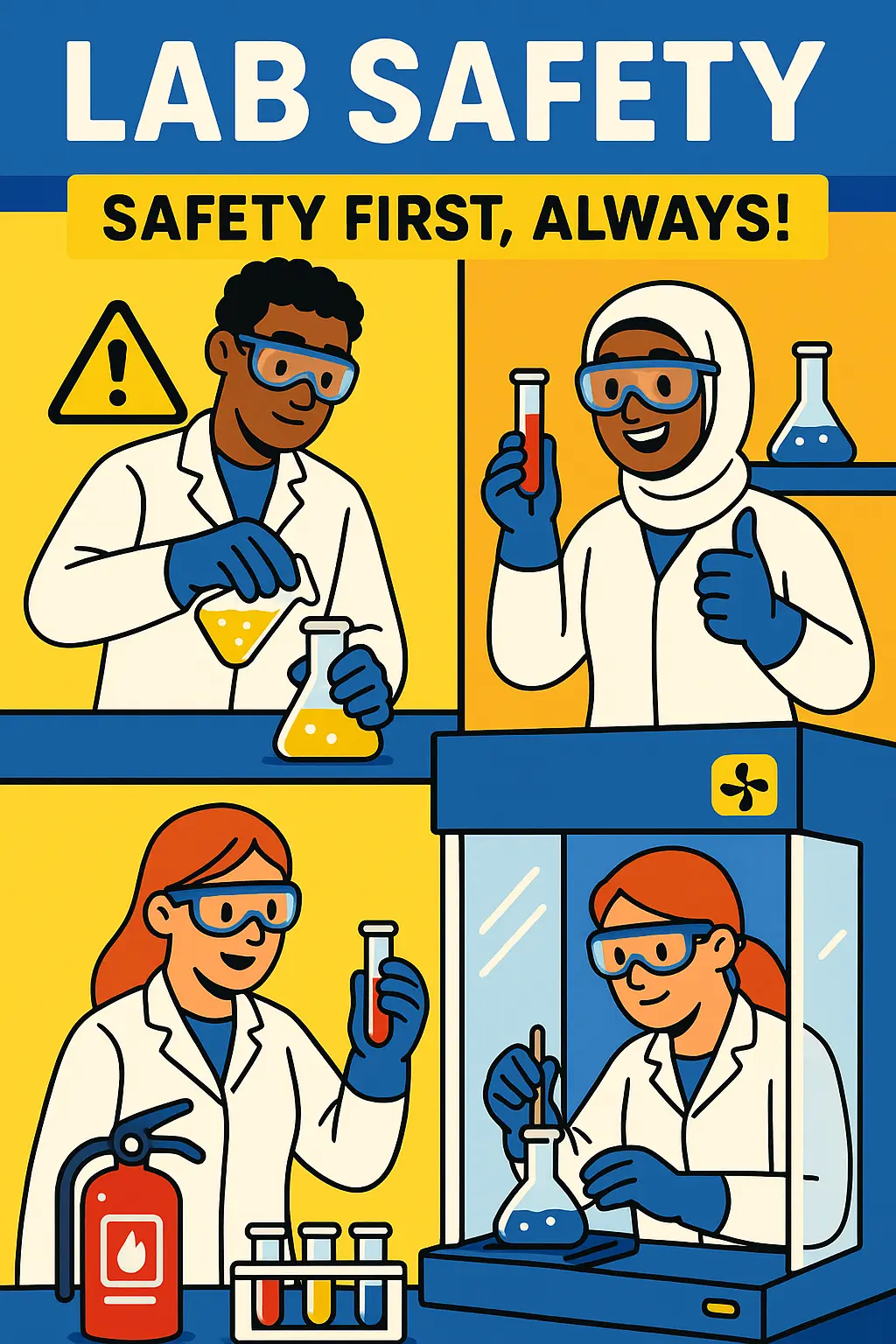 Lab Safety Poster template featuring diverse scientists demonstrating safe lab practices