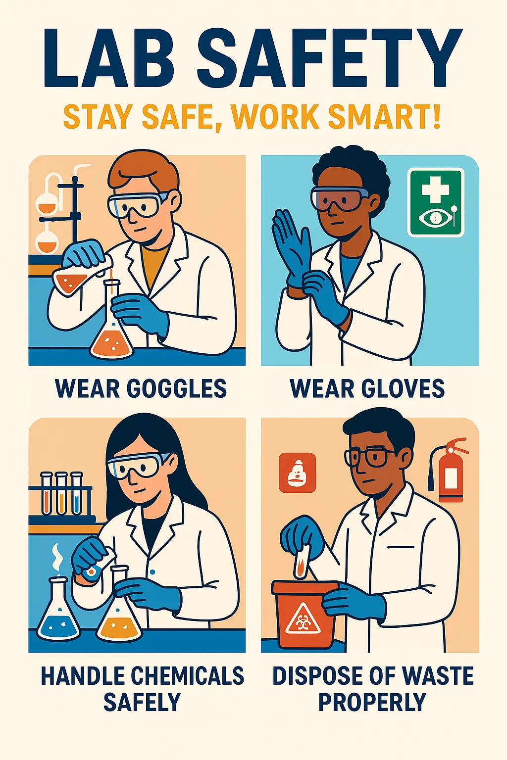 Lab Safety Poster template with diverse students practicing safe lab behaviors