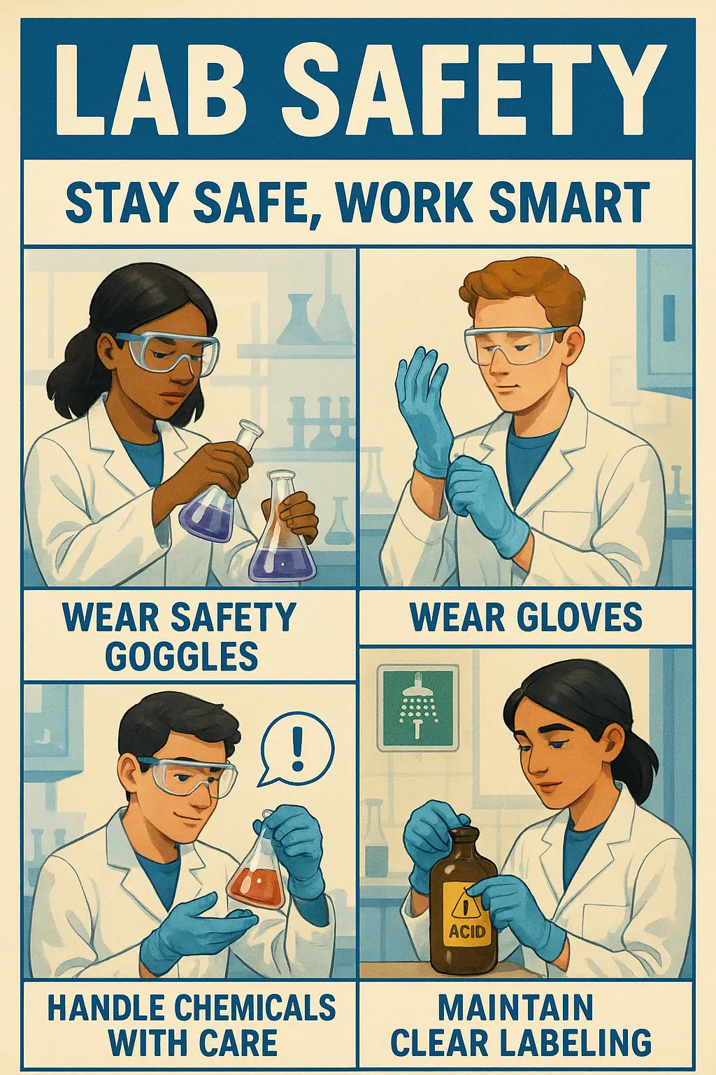 Lab Safety Poster template featuring diverse students in a laboratory environment.