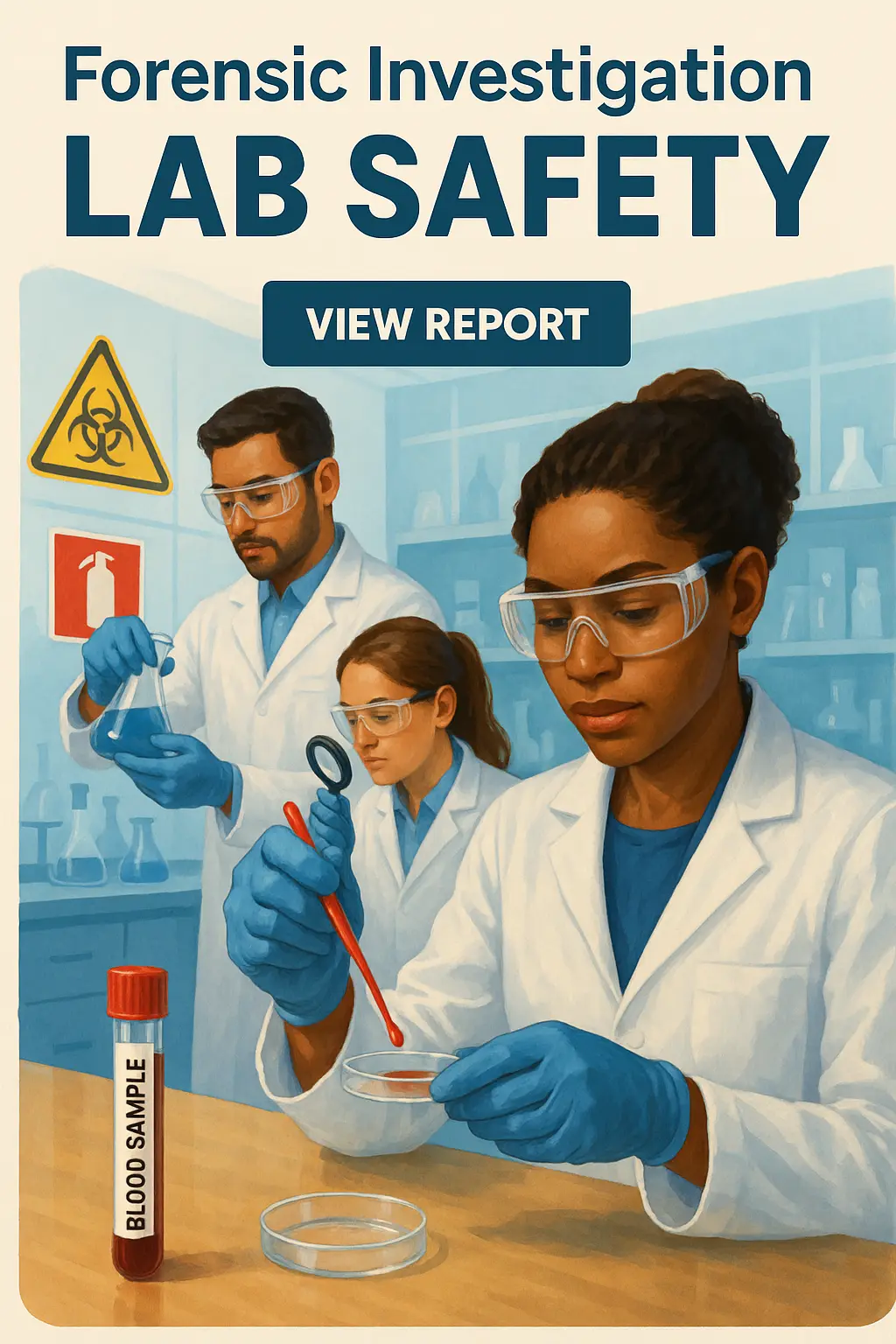 Lab Safety Poster template featuring forensic investigation safety with diverse scientists handling blood samples.