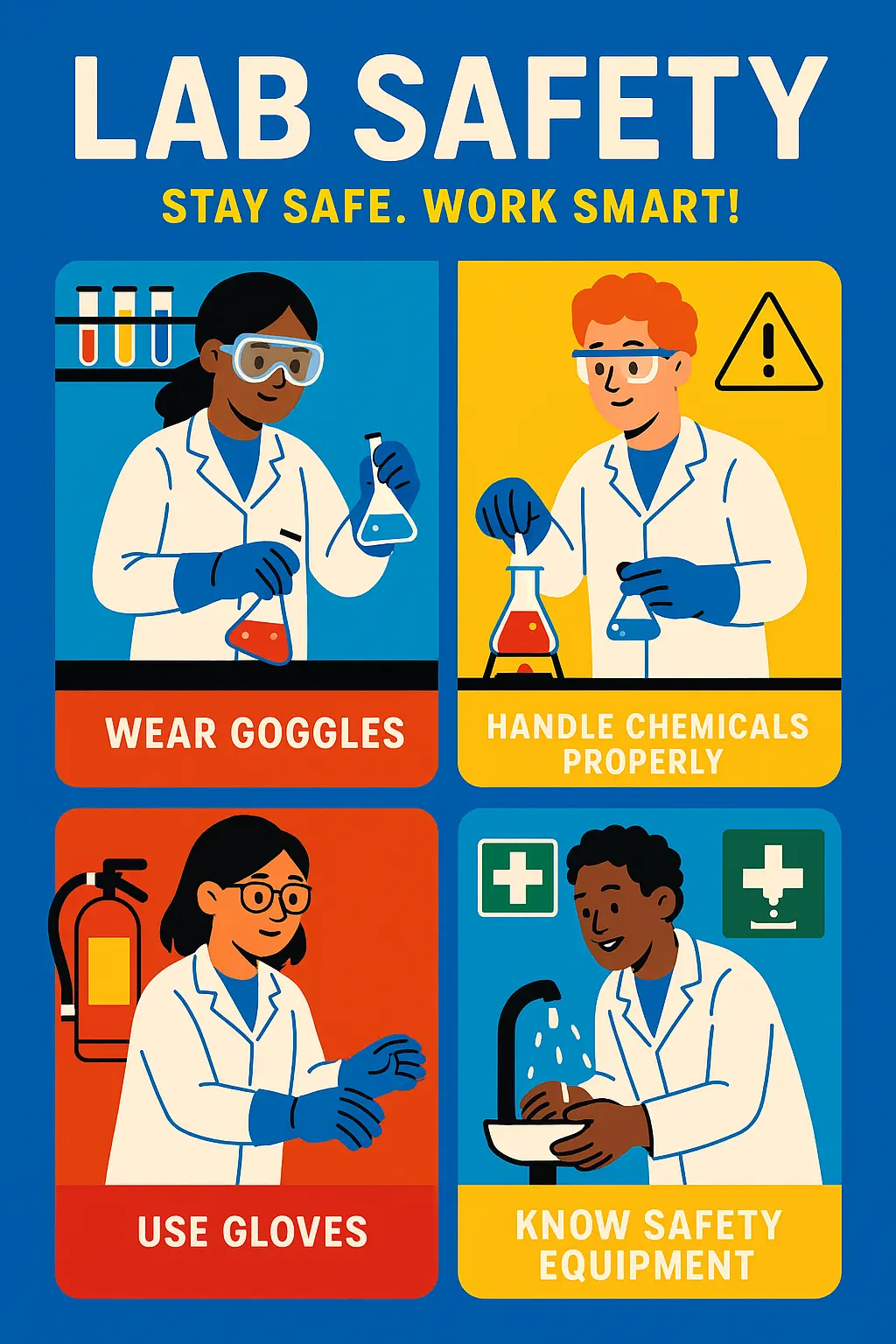 Lab Safety Poster template with diverse students demonstrating safe practices