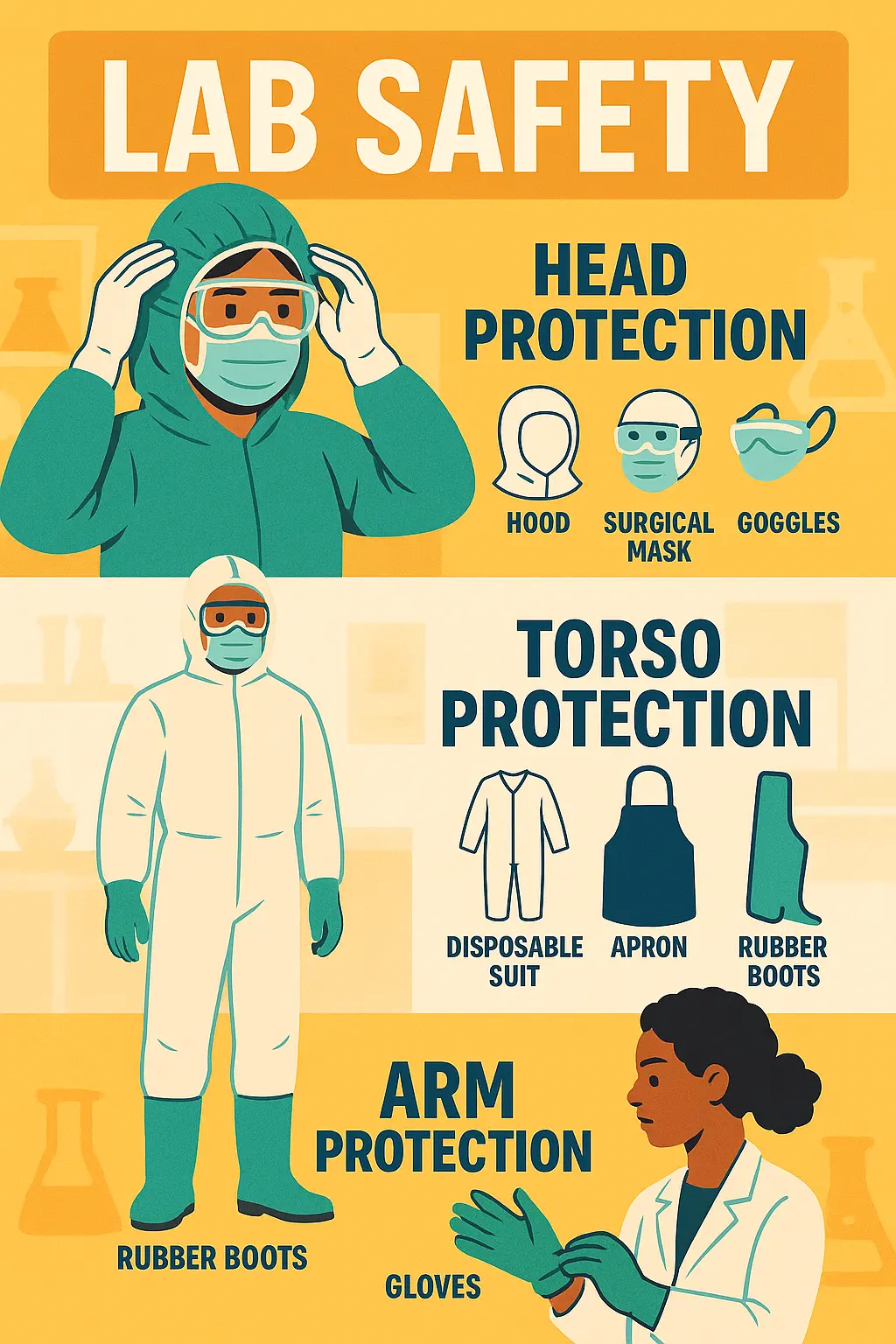 Lab Safety Poster template showcasing protective gear for laboratory use.