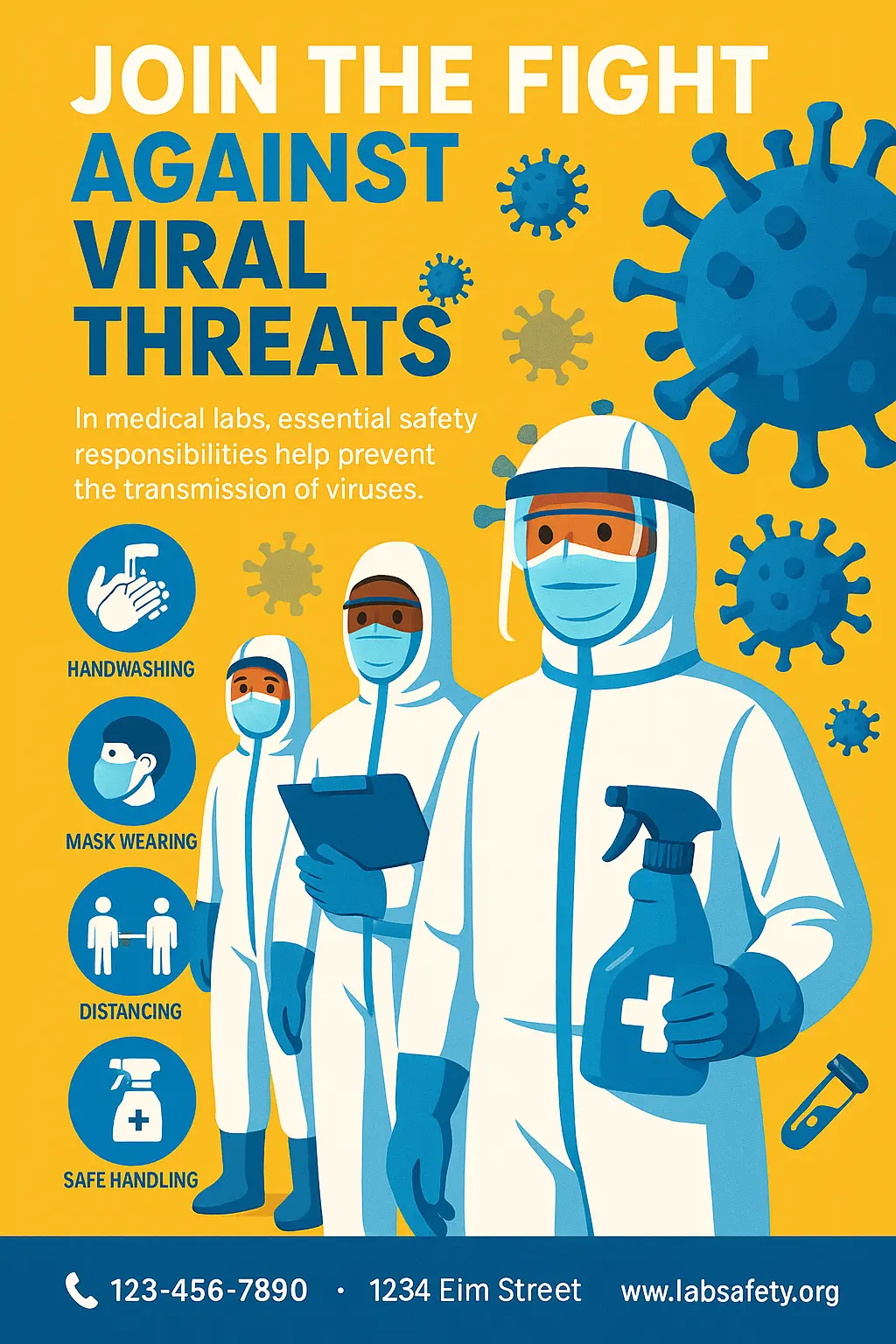 Lab Safety Poster template featuring PPE-clad worker and virus icons