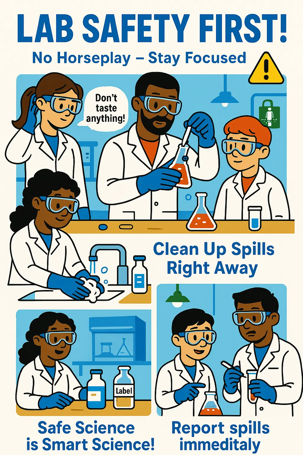 Lab Safety Poster template with kids demonstrating safe lab behavior