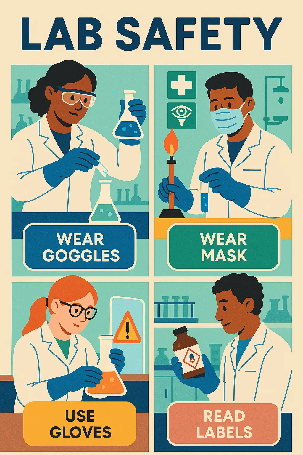 Lab Safety Poster template featuring diverse scientists with safety equipment