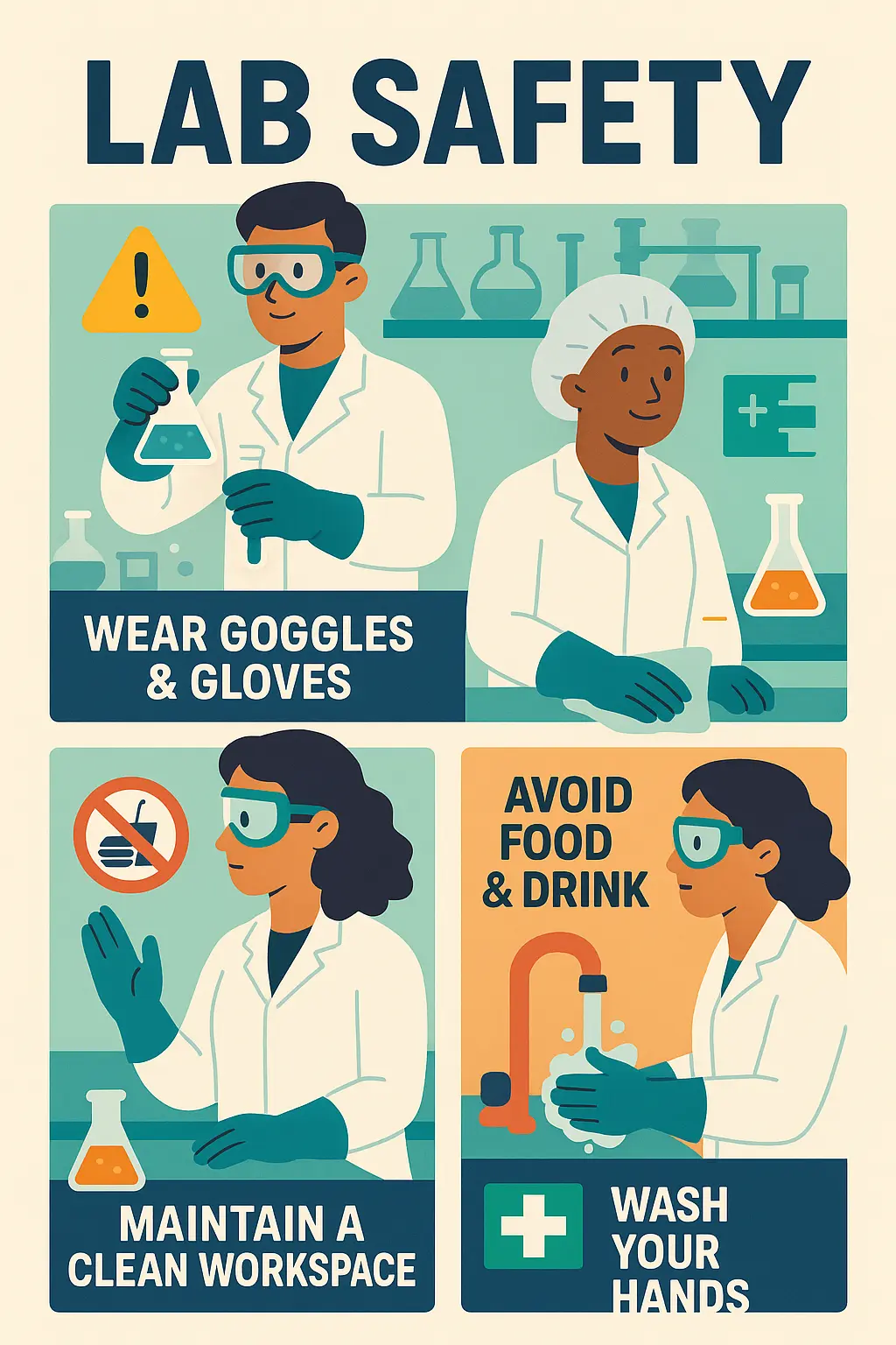Lab Safety Poster template with rules for a safe laboratory environment