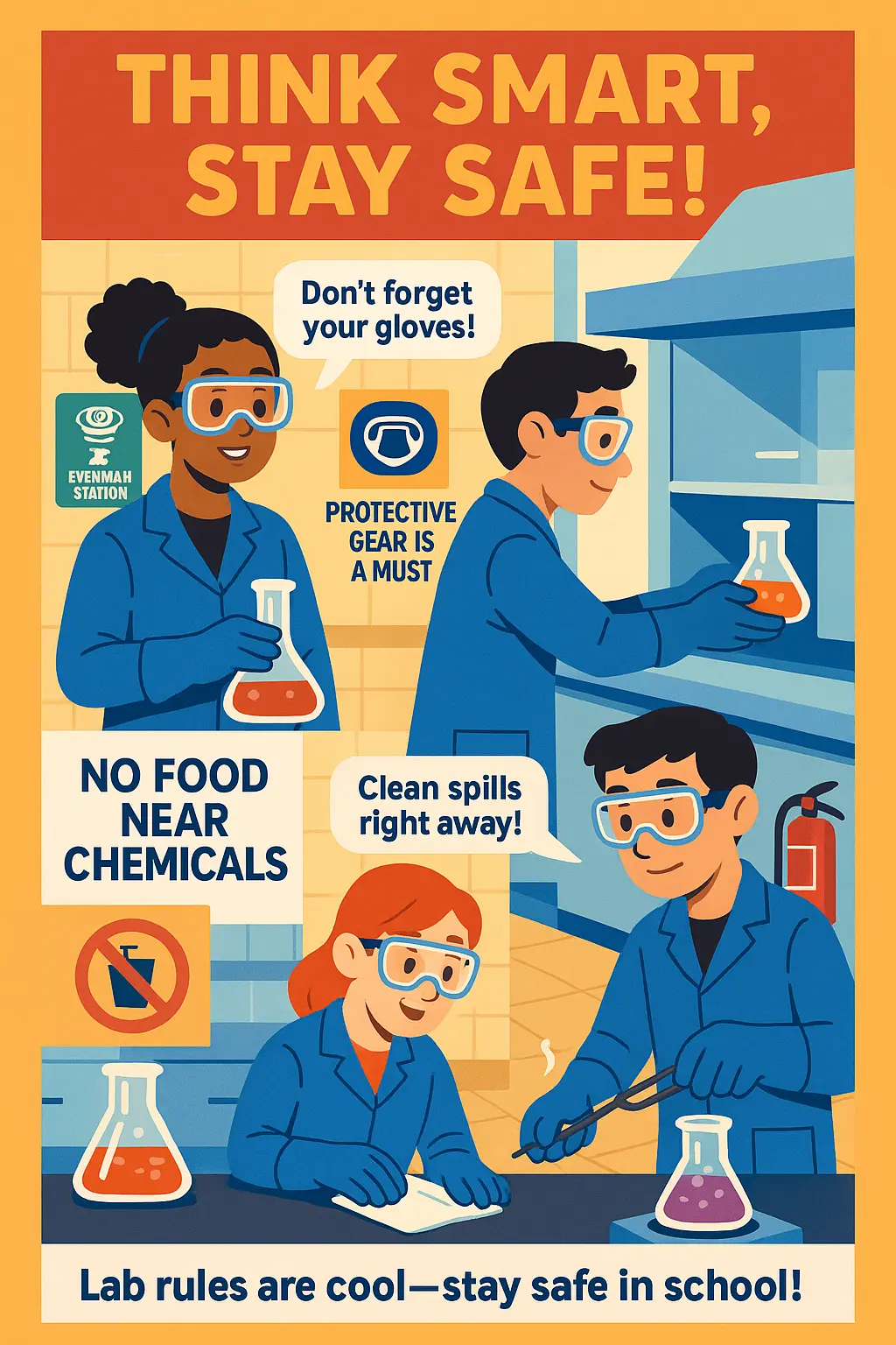 Lab Safety Poster template with cartoon students using safe lab practices