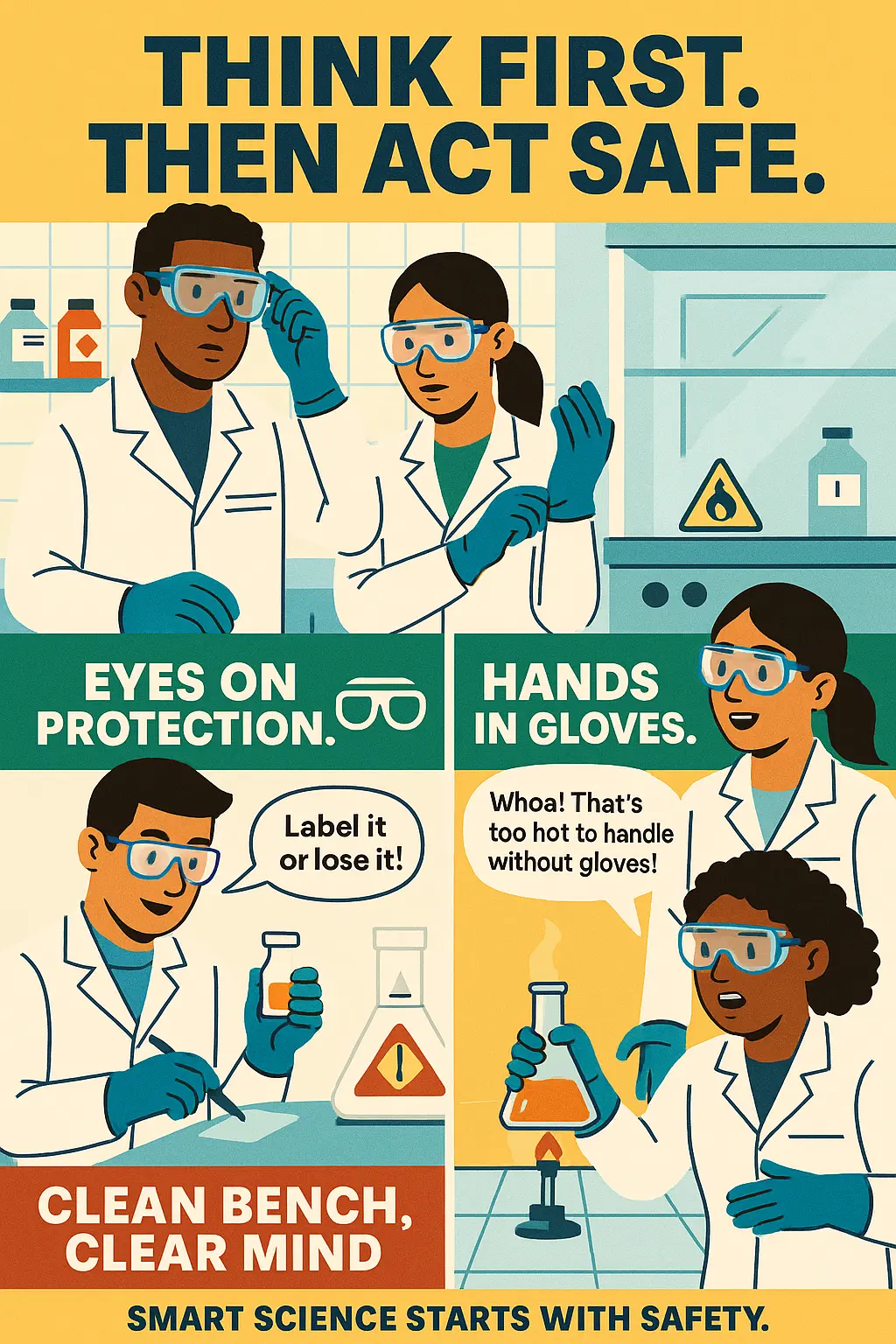Bold vector Lab Safety Poster template with students using gear