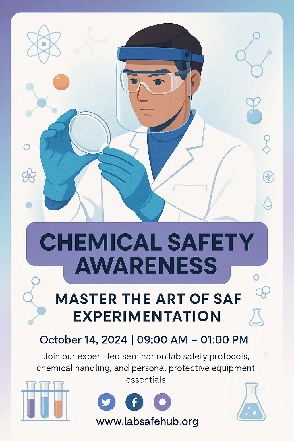 Minimalist Lab Safety Poster template with scientist handling chemicals
