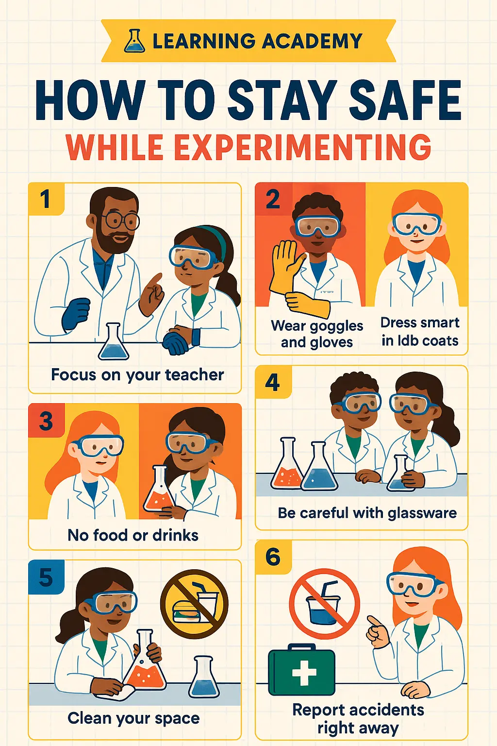 Colorful Lab Safety Poster template with illustrated student safety tips