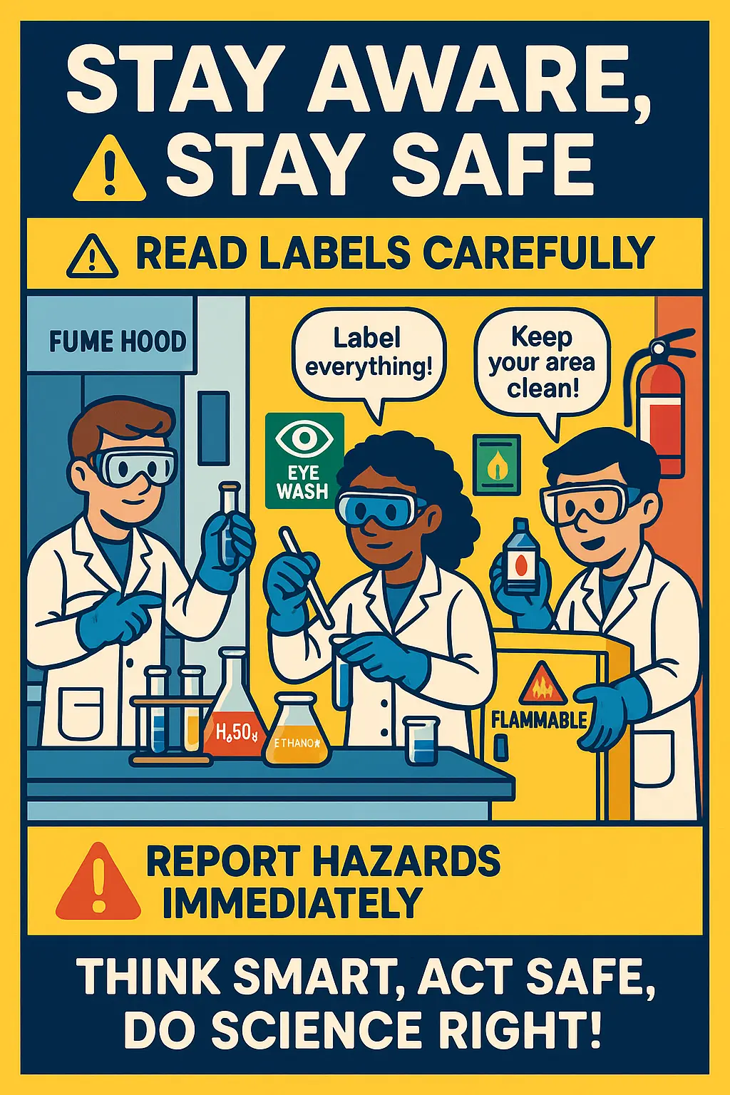 Colorful Lab Safety Poster template with cartoon students demonstrating safe practices