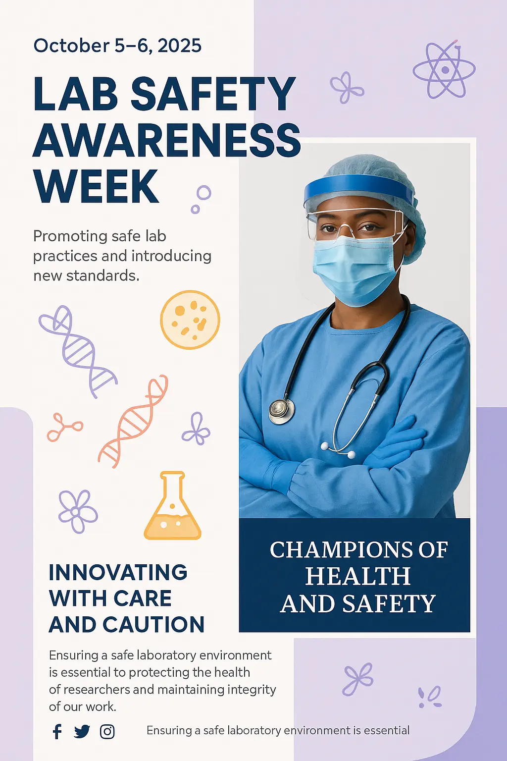 Lab Safety Poster template with medical worker and science icons