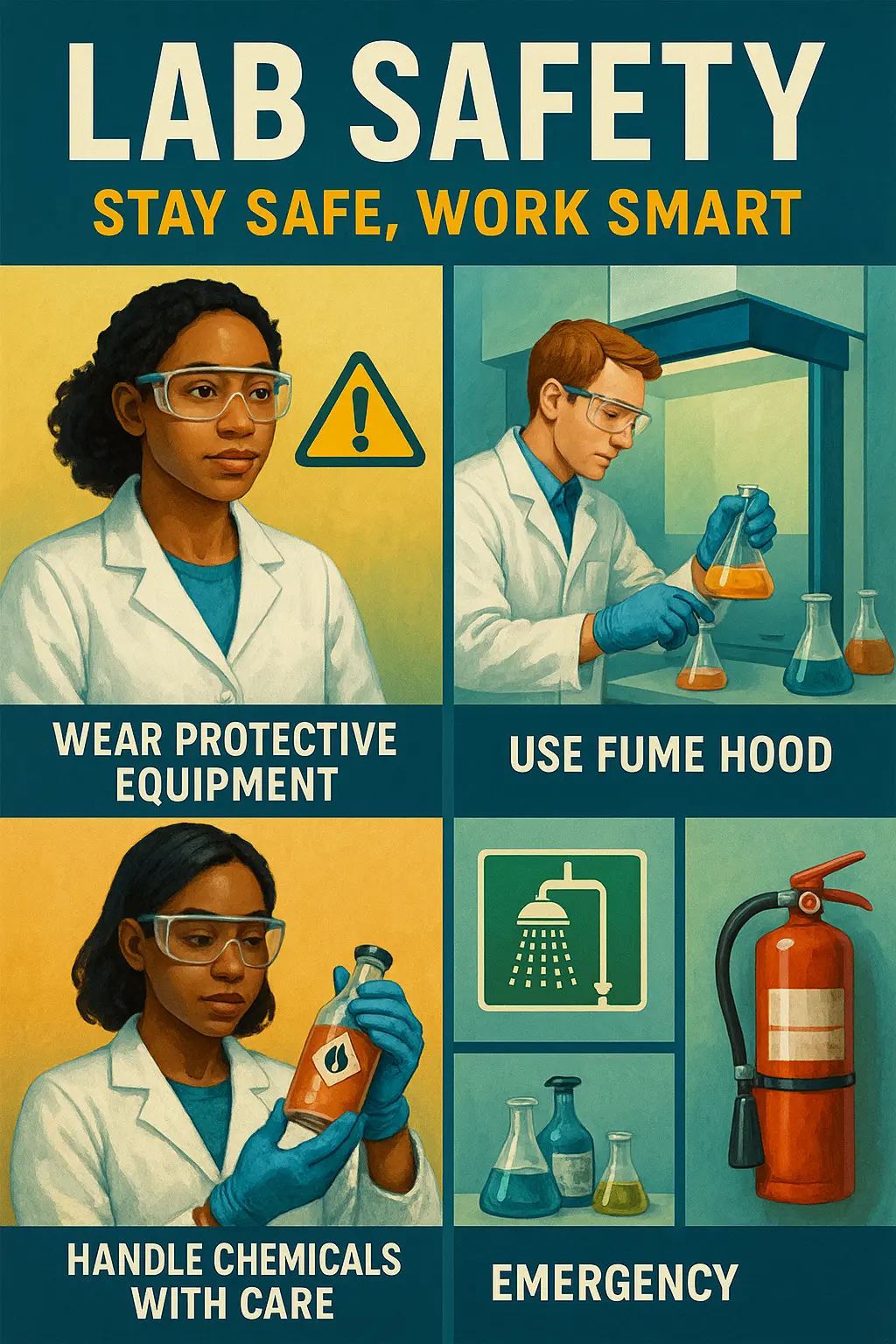 Lab Safety Poster template featuring diverse scientists demonstrating safe laboratory practices